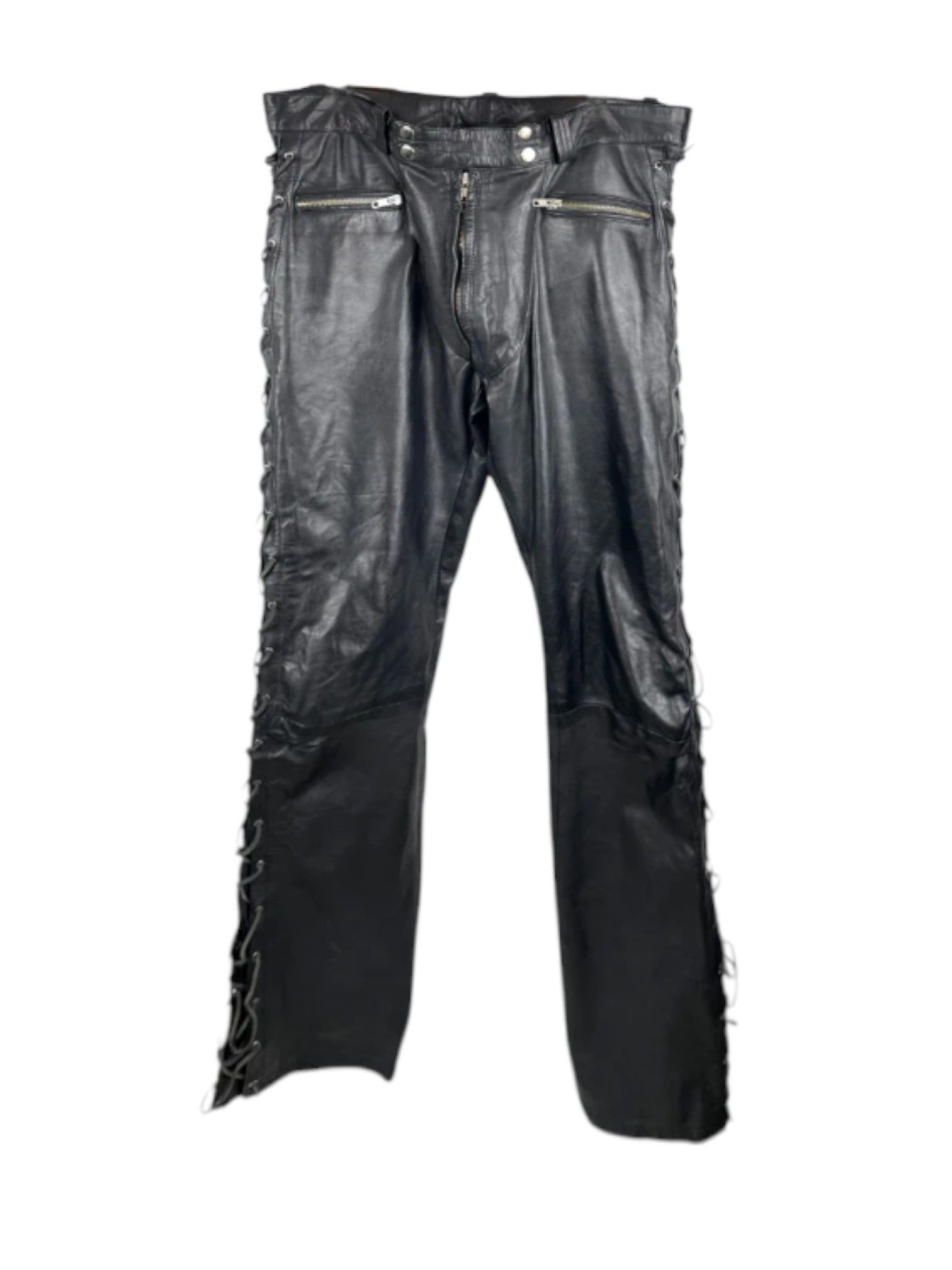 Dolce & Gabbana Dolce & Gabbana Black Leather Lace-Up Moto Trousers Size US 32 / EU 48 - 1 Thumbnail