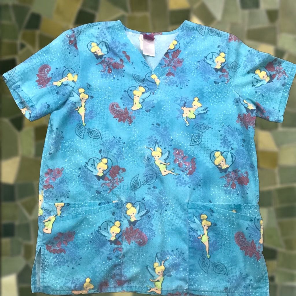 Disney Disney Women Nurse Scrubs Shirt Small Blue Tinker Bell Floral Pockets Size S / US 4 / IT 40 - 1 Thumbnail