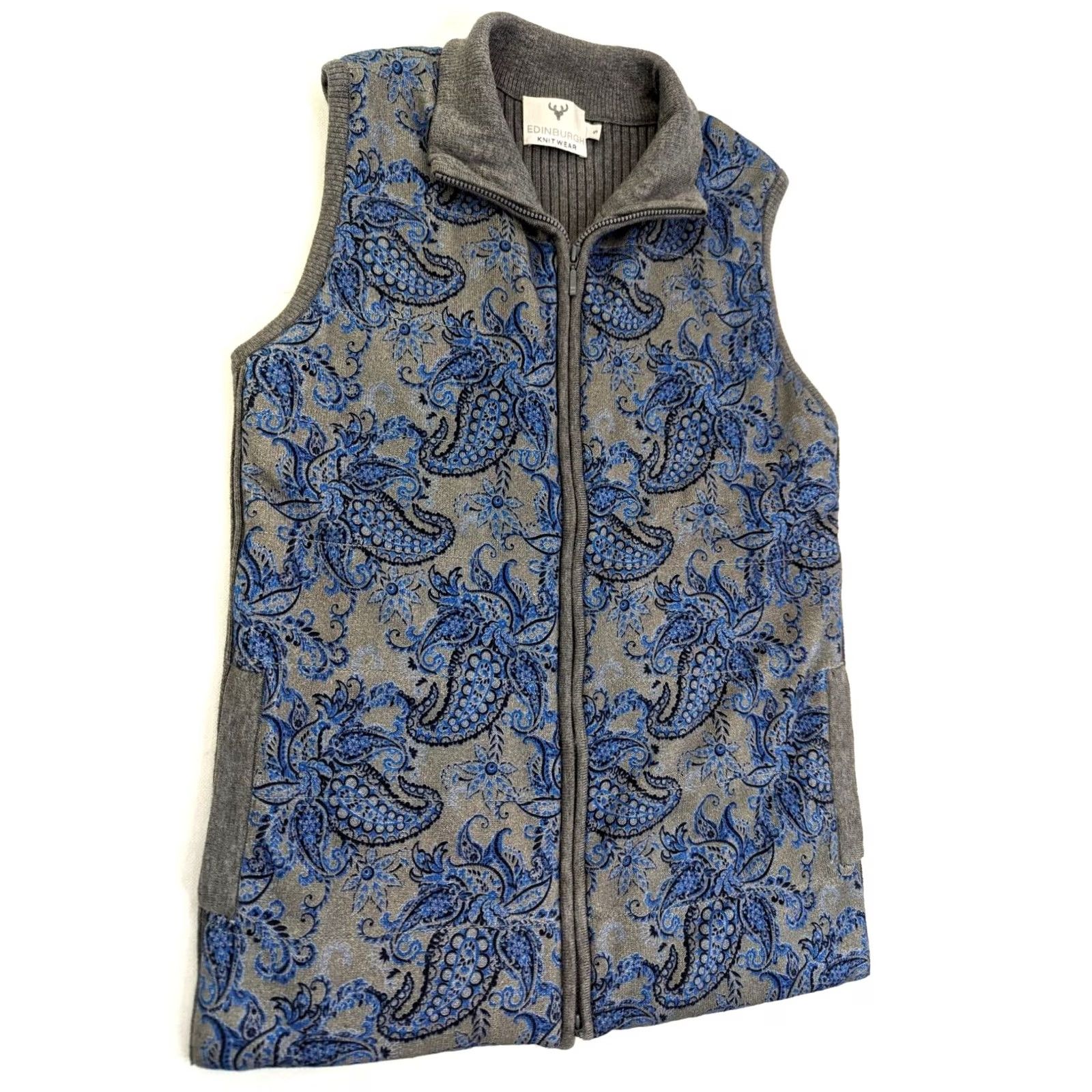 Vintage Edinburgh Knitwear Vest Women S Blue & Gray Full Zip Paisley Pima Cotton Knitwear Vest Regular Fit Sleeveless Mid-Length Vintage: No Size S / US 4 / IT 40 - 3 Thumbnail