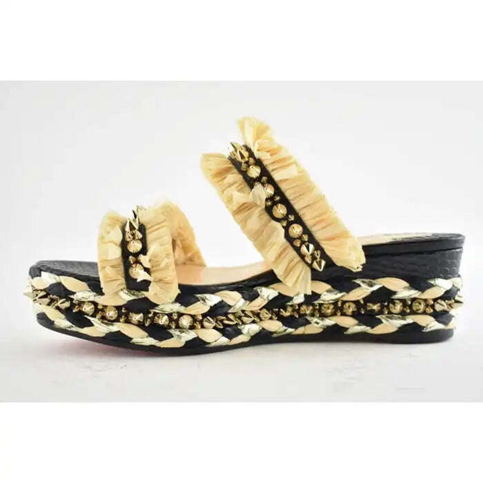Christian Louboutin Voltinoudou 60 Black Raffia Wedge Slide Mule Sandal Heel 37 Size US 7 / IT 37 - 8 Thumbnail