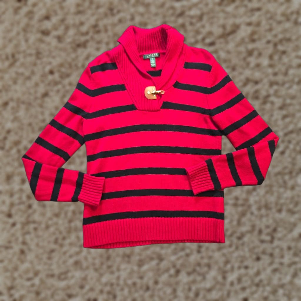 Ralph Lauren Lauren Ralph Lauren Sweater Womens Medium Red Striped High Neck Buckle Preppy Size M / US 6-8 / IT 42-44 - 1 Thumbnail