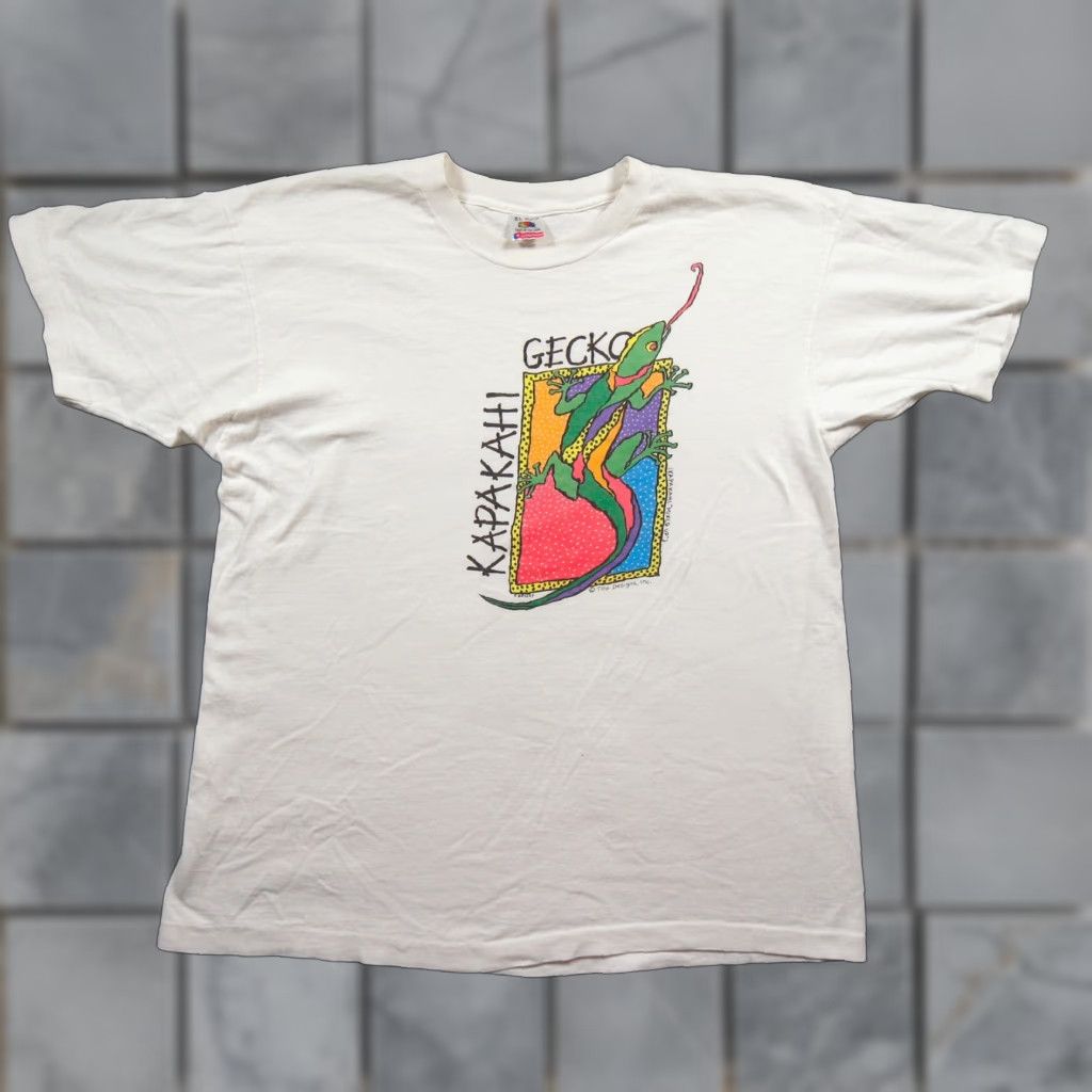 Fruit Of The Loom VINTAGE Kapakahi Gecko Shirt Mens XL White Hawaiian Neon 90s Tee Top Design Size US XL / EU 56 / 4 - 1 Thumbnail