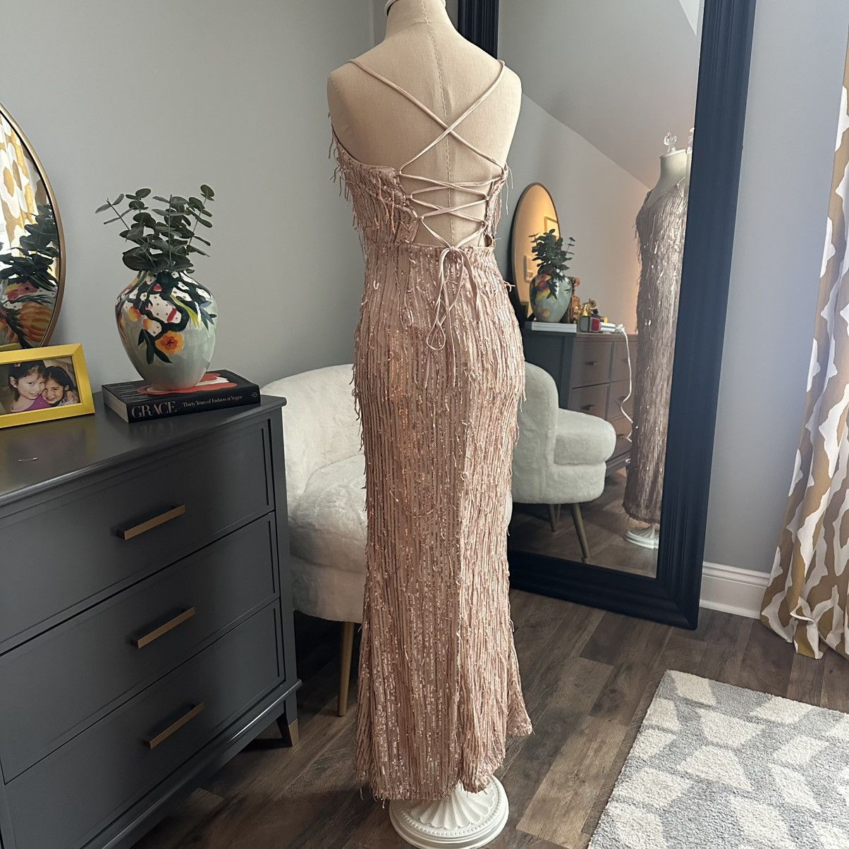 Lulus Rose Gold Sequin Fringe Lace-up Maxi Dress