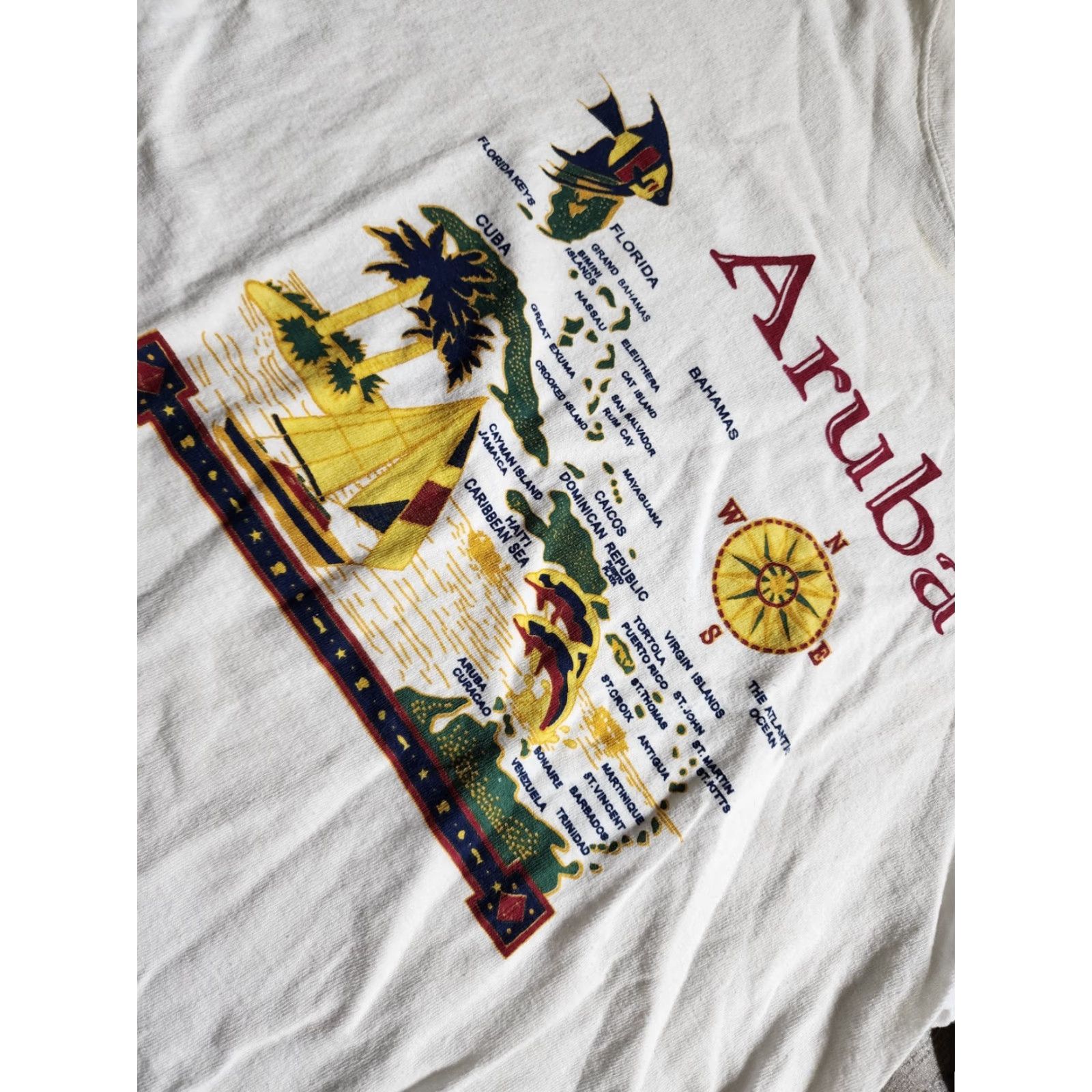 Paradise VINTAGE Aruba Island Paradise Travel Map T Shirt Mens L White 90s Hippie Graphic Tee Size US L / EU 52-54 / 3 - 4 Thumbnail