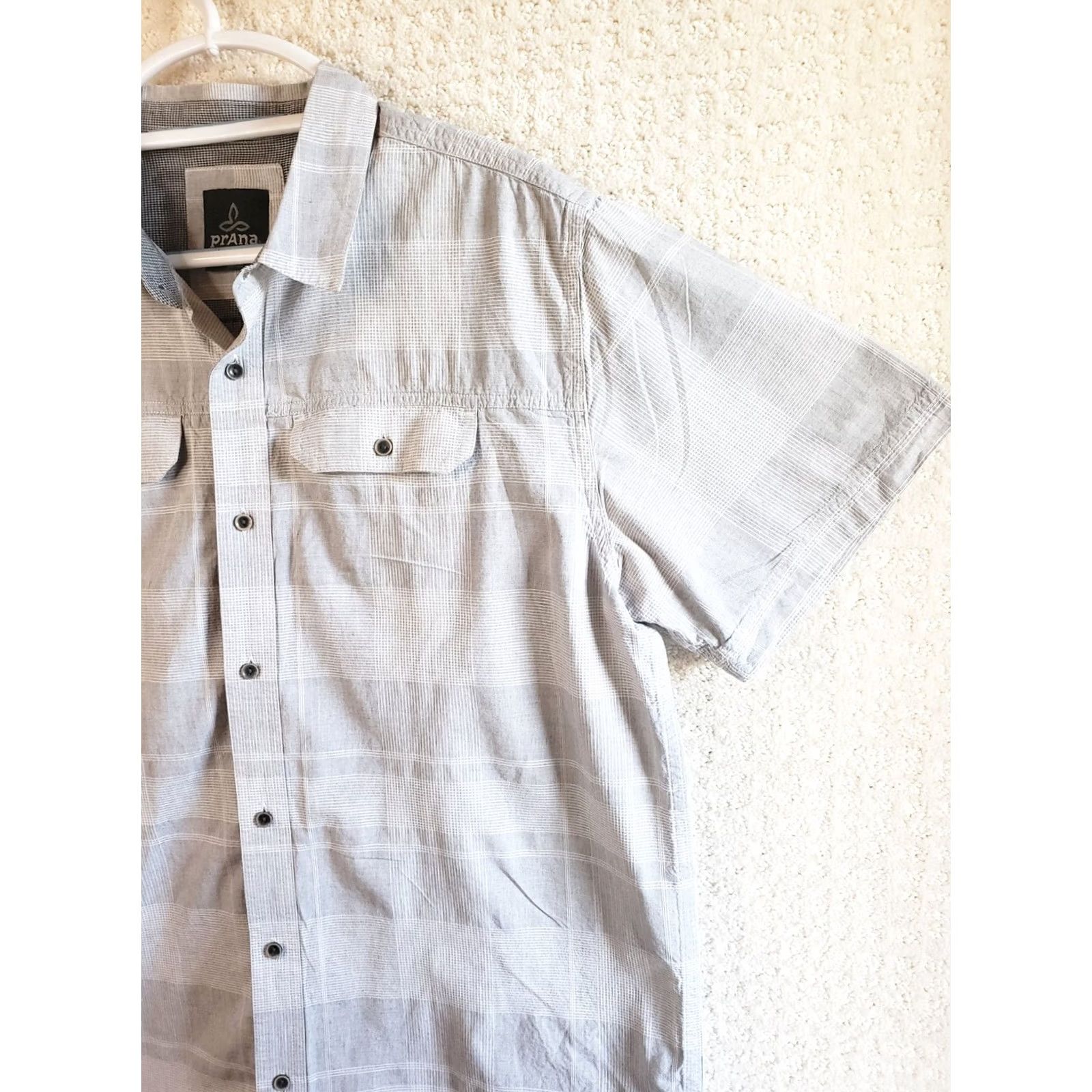 Prana Prana Mens L Short Sleeve Button-Up Shirt Gray White Plaid Logo Pockets Size US L / EU 52-54 / 3 - 3 Thumbnail