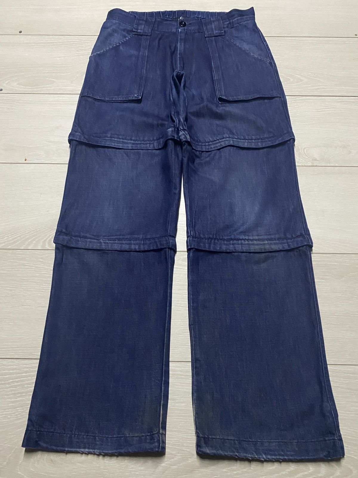 Japanese Brand Blue Multi Layer Panel Cargo Pants Wide Leg Distressed Size US 30 / EU 46 - 1 Thumbnail
