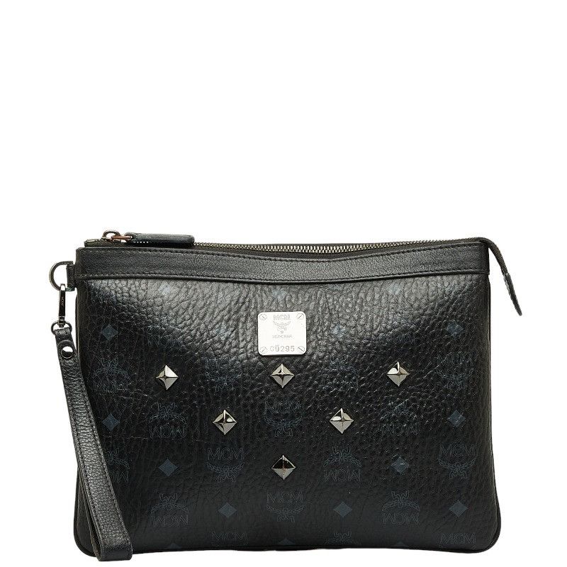 image of MCM Visetos Studded Zipped Clutch Bag in Black, Women's