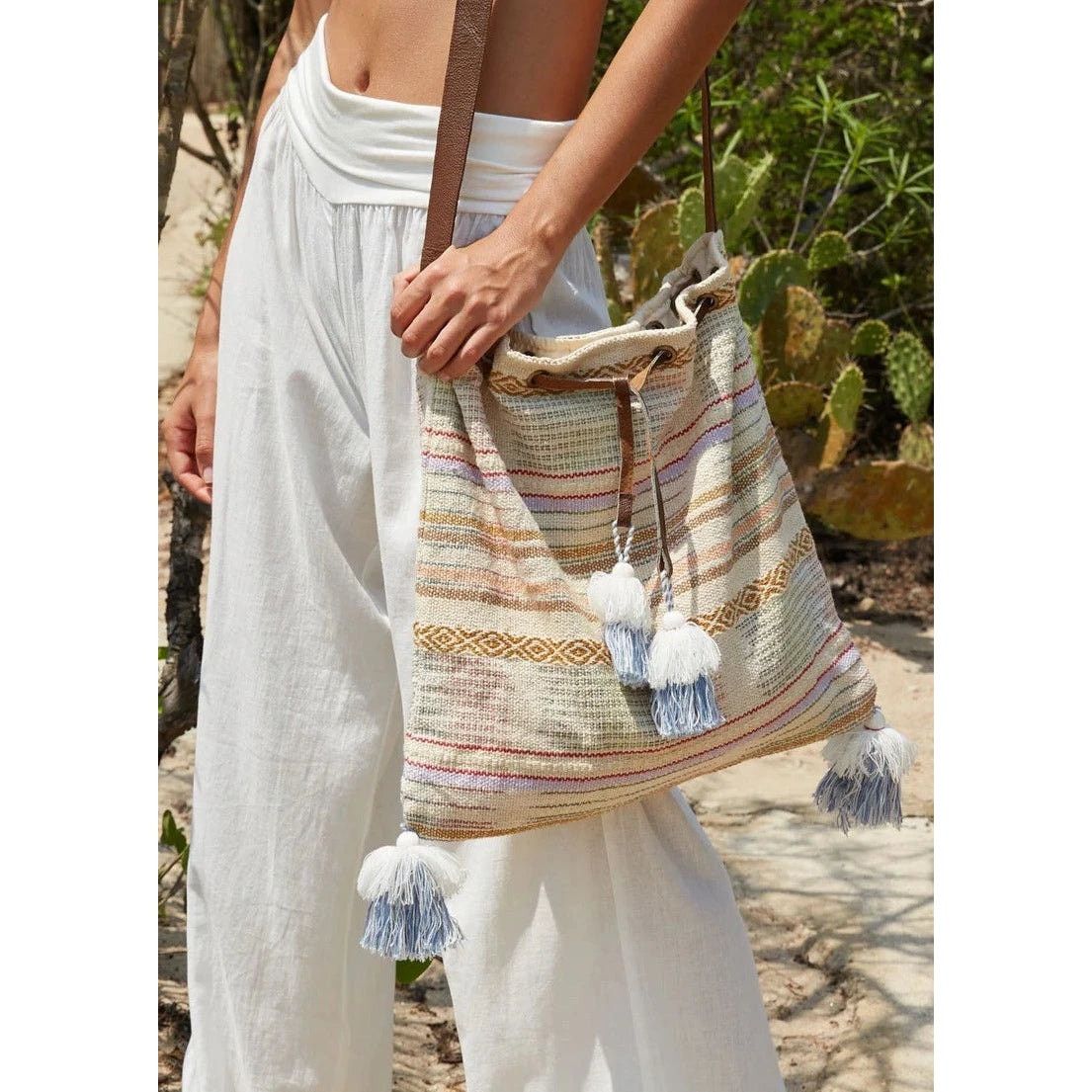 Other Lovestitch Tan Multicolor Striped Canvas Boho Bag Drawstring Size ONE SIZE - 4 Thumbnail