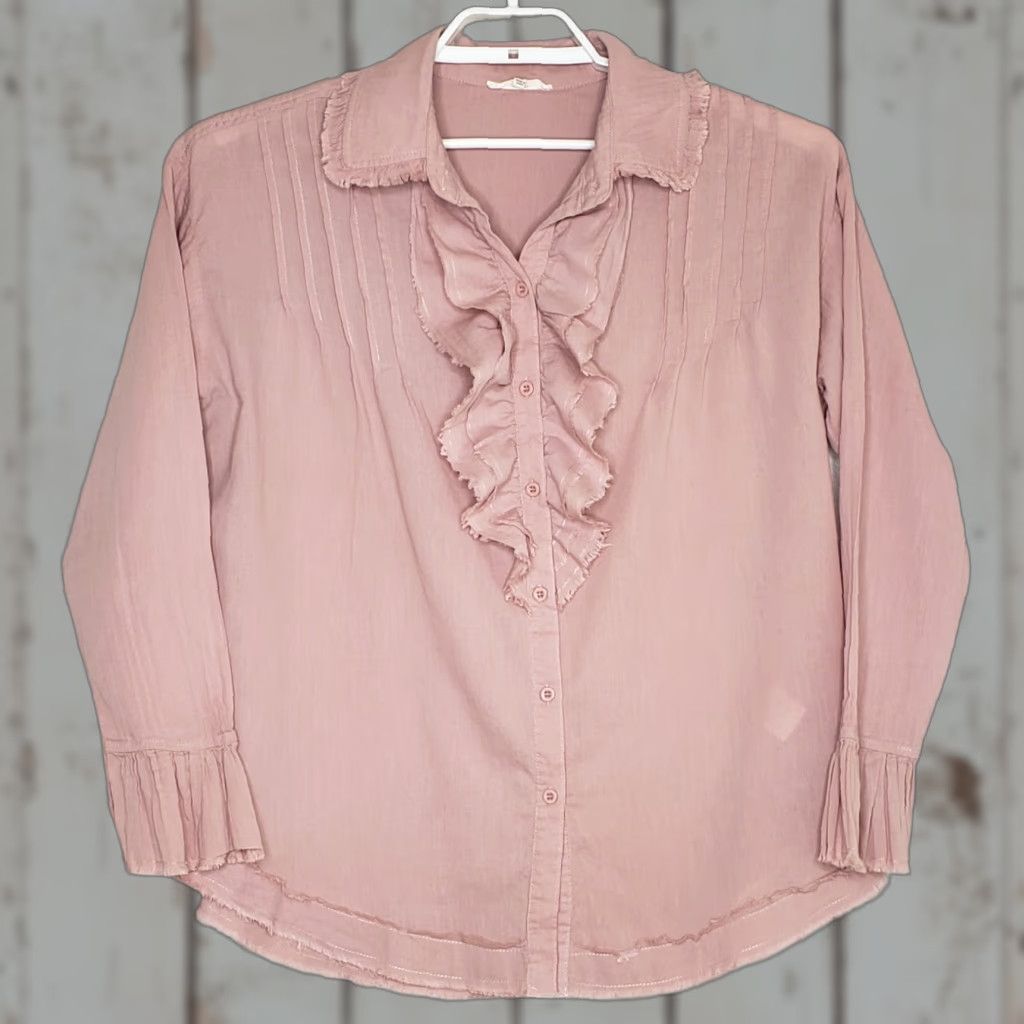 Vintage Easel Boho Top Womens Medium Pale Pink Long Sleeve Ruffle Button Front Size M / US 6-8 / IT 42-44 - 1 Thumbnail
