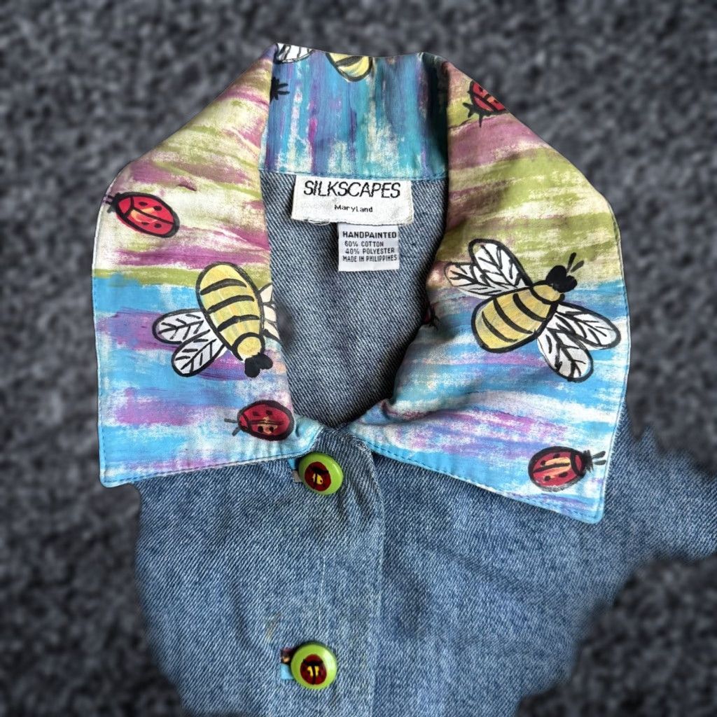 Vintage VINTAGE Silkscapes Jean Jacket Womens Handpainted Cat Oversized Art Patchwork Blue XL Casual Size 40" / US 18 - 1 Thumbnail