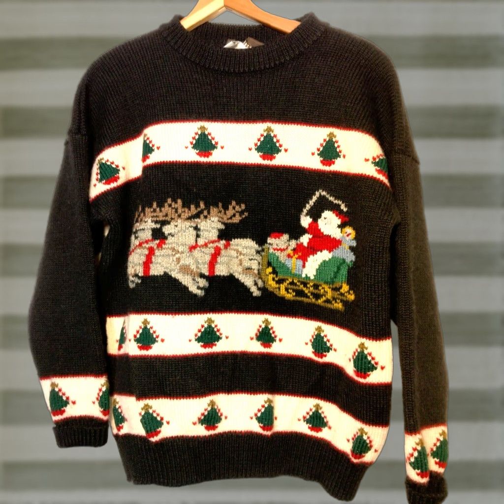 South Wool Sweater Shirt M Women Black Christmas Santa Reindeer Hand Loomed Wool Pullover Crew Neck Long Sleeve Casual Party/Cocktail Winter Regular