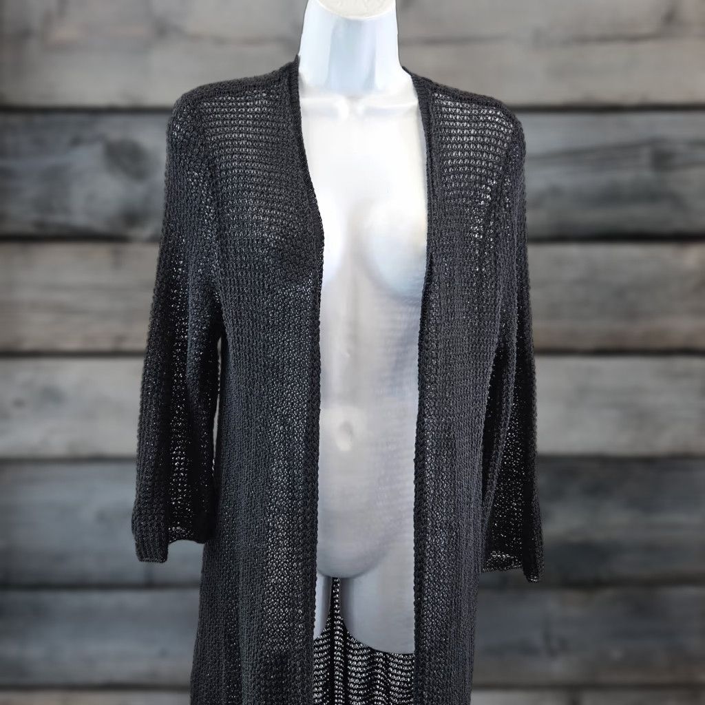 Eileen Fisher Eileen Fisher Cardigan Womens Open Knit Solid Black Long Sleeve Size L Size L / US 10 / IT 46 - 1 Thumbnail