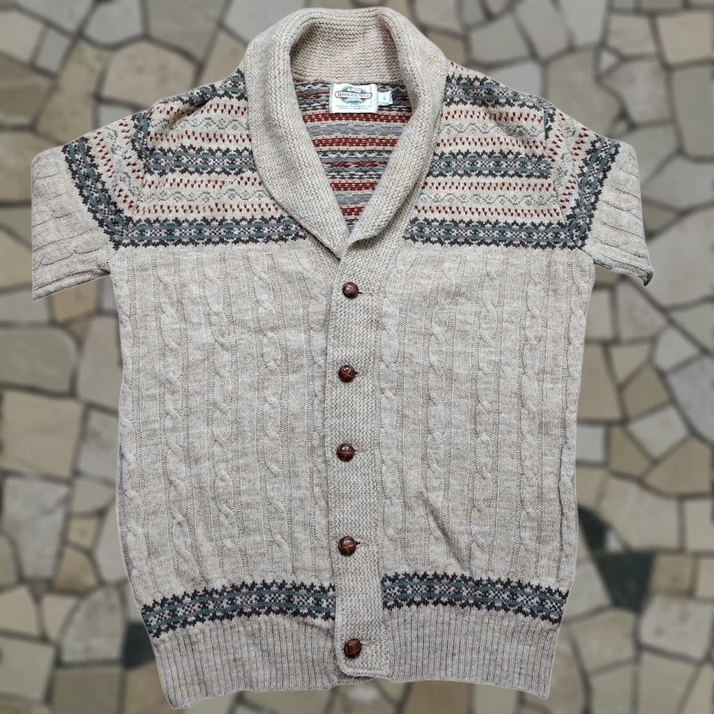MILLY VINTAGE The Woolen Mill Cardigan Mens L Tan Knit Cable-Knit Striped Fisherman Button Sweater United States Size US L / EU 52-54 / 3 - 1 Thumbnail