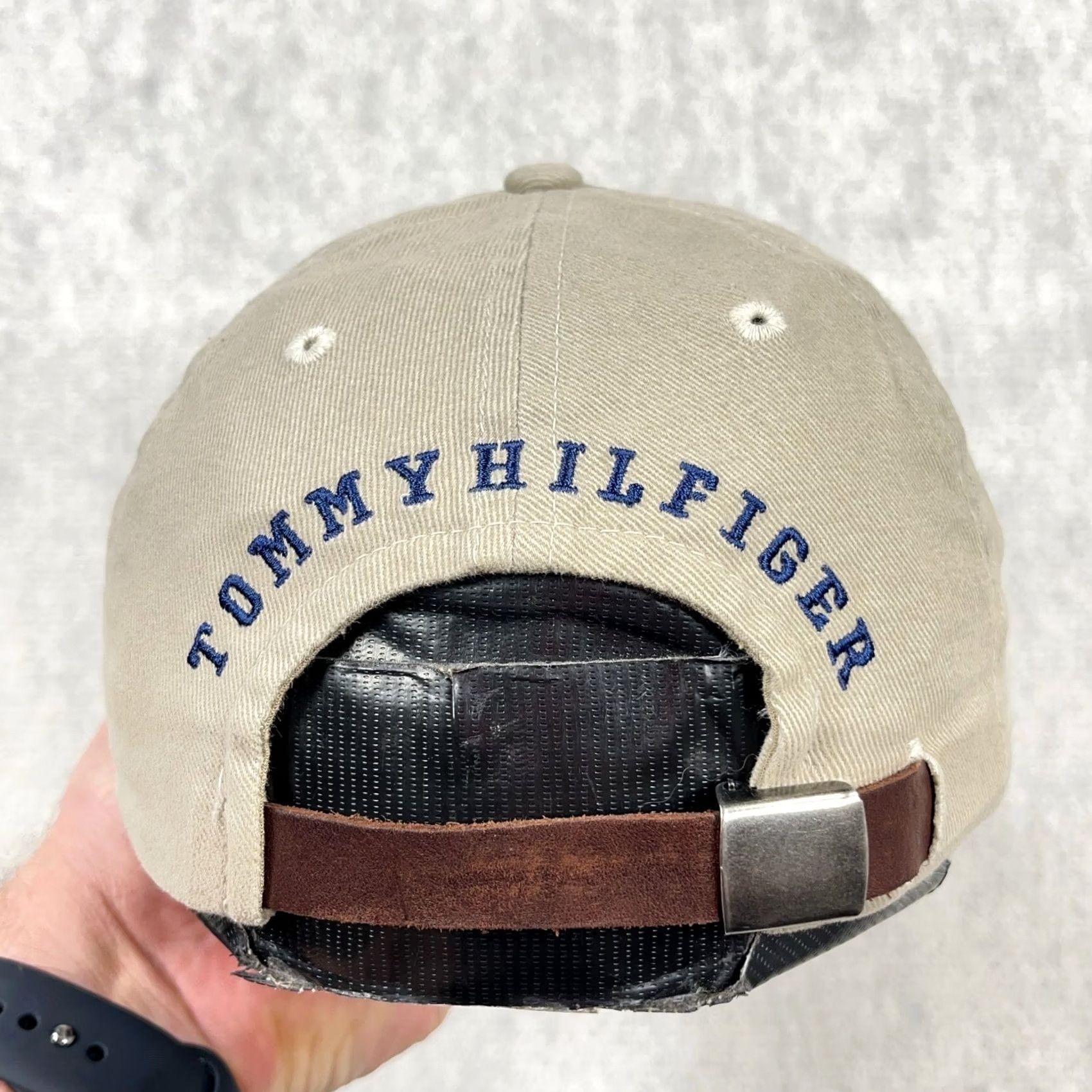 Tommy Hilfiger VINTAGE Tommy Hilfiger Hat Cap Leather Strap Back Tan Blue Spell Out Basketball Hat Size ONE SIZE - 2 Thumbnail