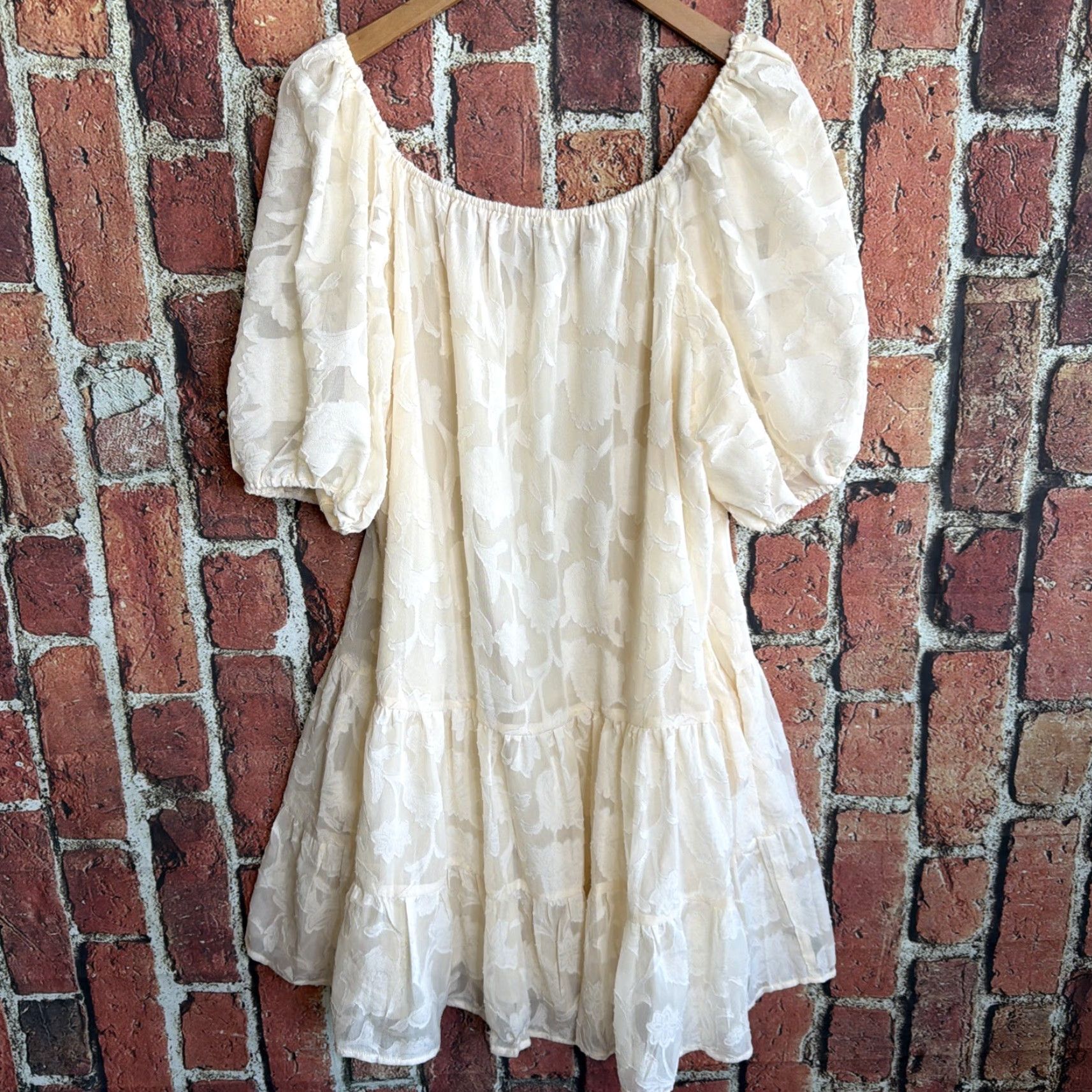 Vintage Jacquie The Label Boho Dress Women L Beige Floral Milkmaid Tiered Puff Sleeve Short Sleeve Square Neck Size L / US 10 / IT 46 - 3 Thumbnail