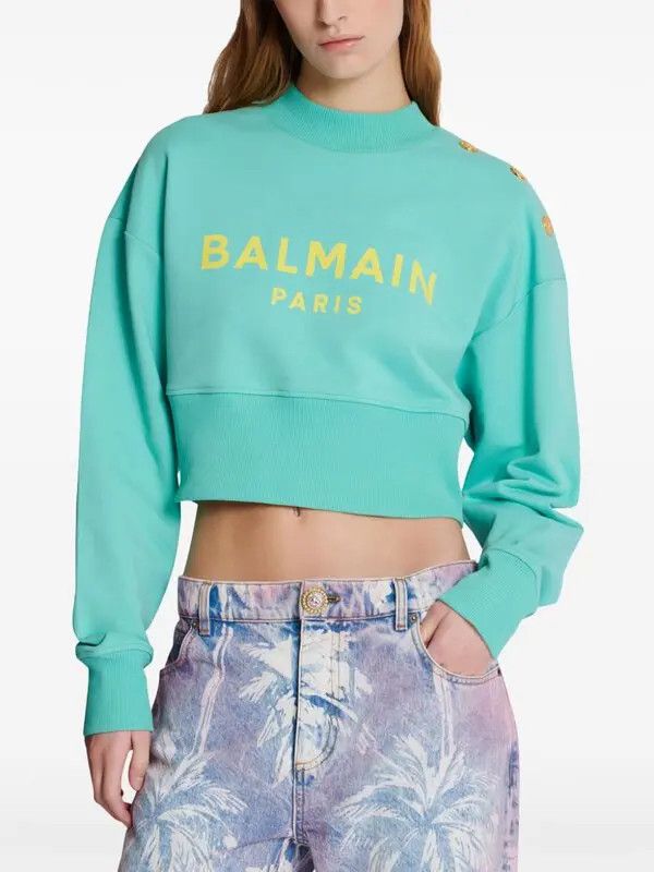 Balmain o1s1wg110825 Logo Print Cropped Sweatshirt in Blue Size M / US 6-8 / IT 42-44 - 3 Thumbnail