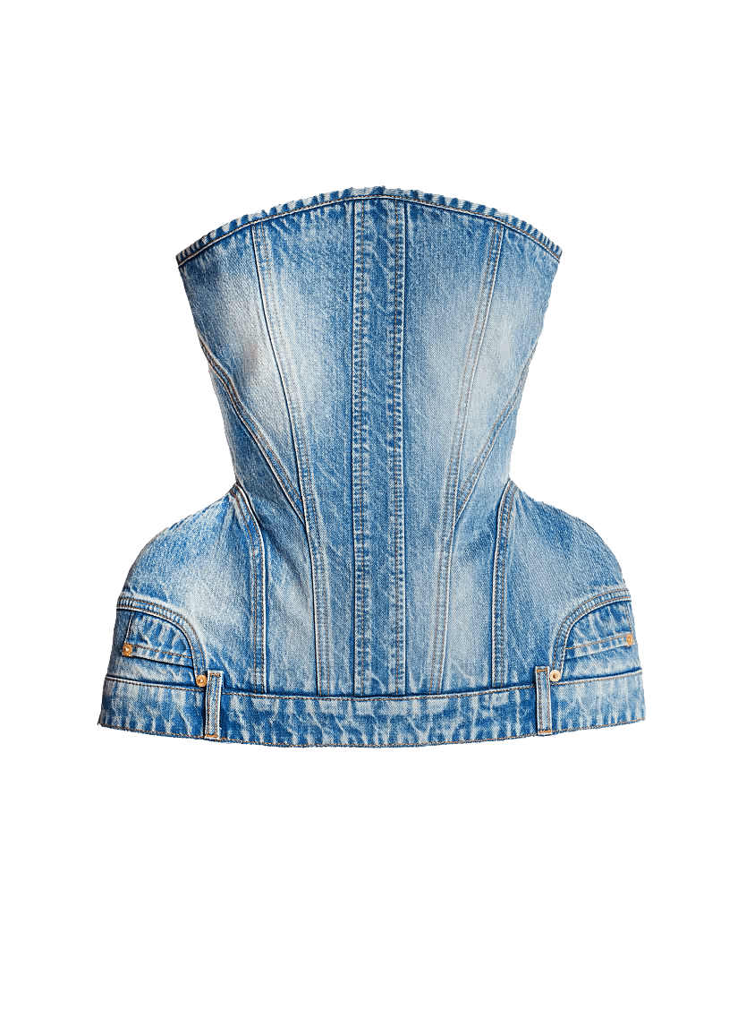 Balmain o1s1wg111225 Structured Denim Bustier in Blue Size L / US 10 / IT 46 - 1 Thumbnail