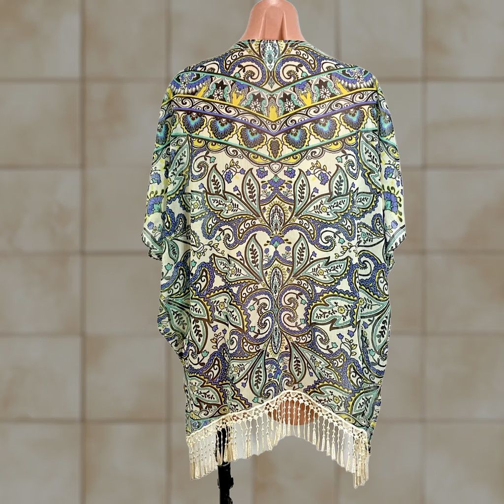 Vintage VINTAGE BECCA fringe trim swim cover up kaftan blue Paisley Floral XS Women Cover Up Fringe XS Blue Paisley Floral Size ONE SIZE - 1 Thumbnail
