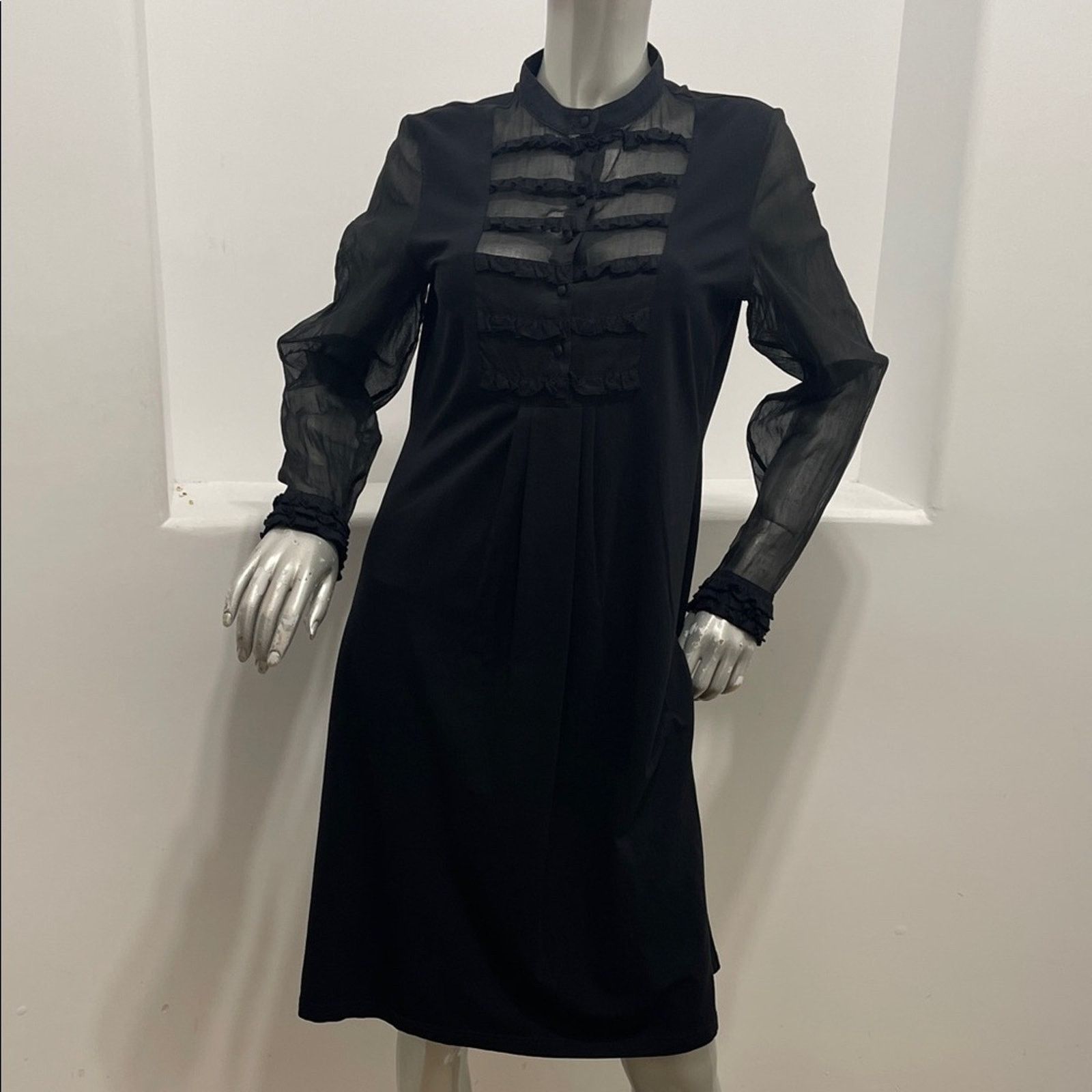 ANNE FONTAINE Anne Fontaine Black Ruffle Bib Long-Sleeve Dress Size FR 44 Size L / US 10 / IT 46 - 1 Thumbnail