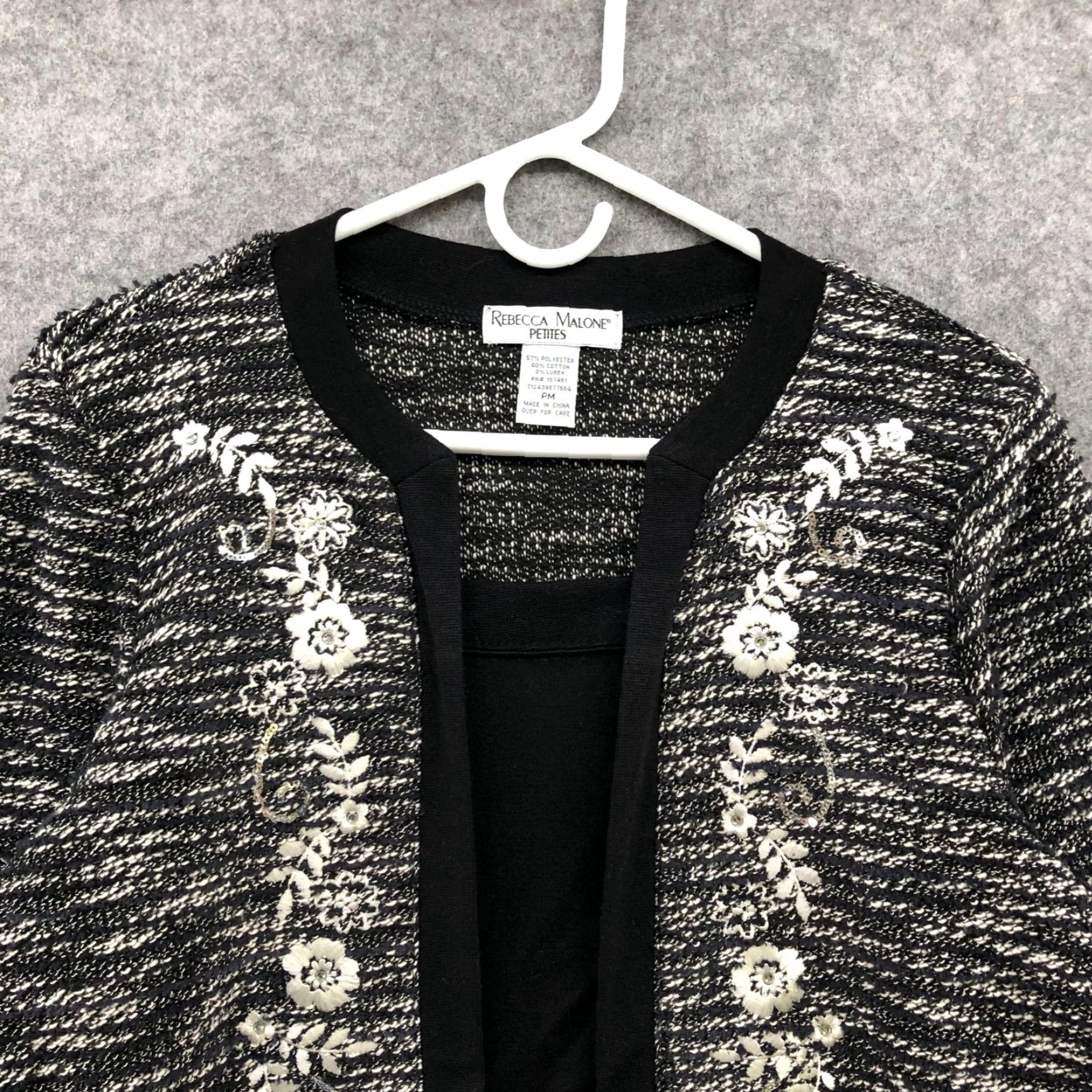 Vintage Rebecca Malone Tweed Jacket Blazer Top Womens MP Black Floral Beaded Embroidered Built In Top Petite PM NWT Modern Classic Jacket Size M / US 6-8 / IT 42-44 - 3 Thumbnail
