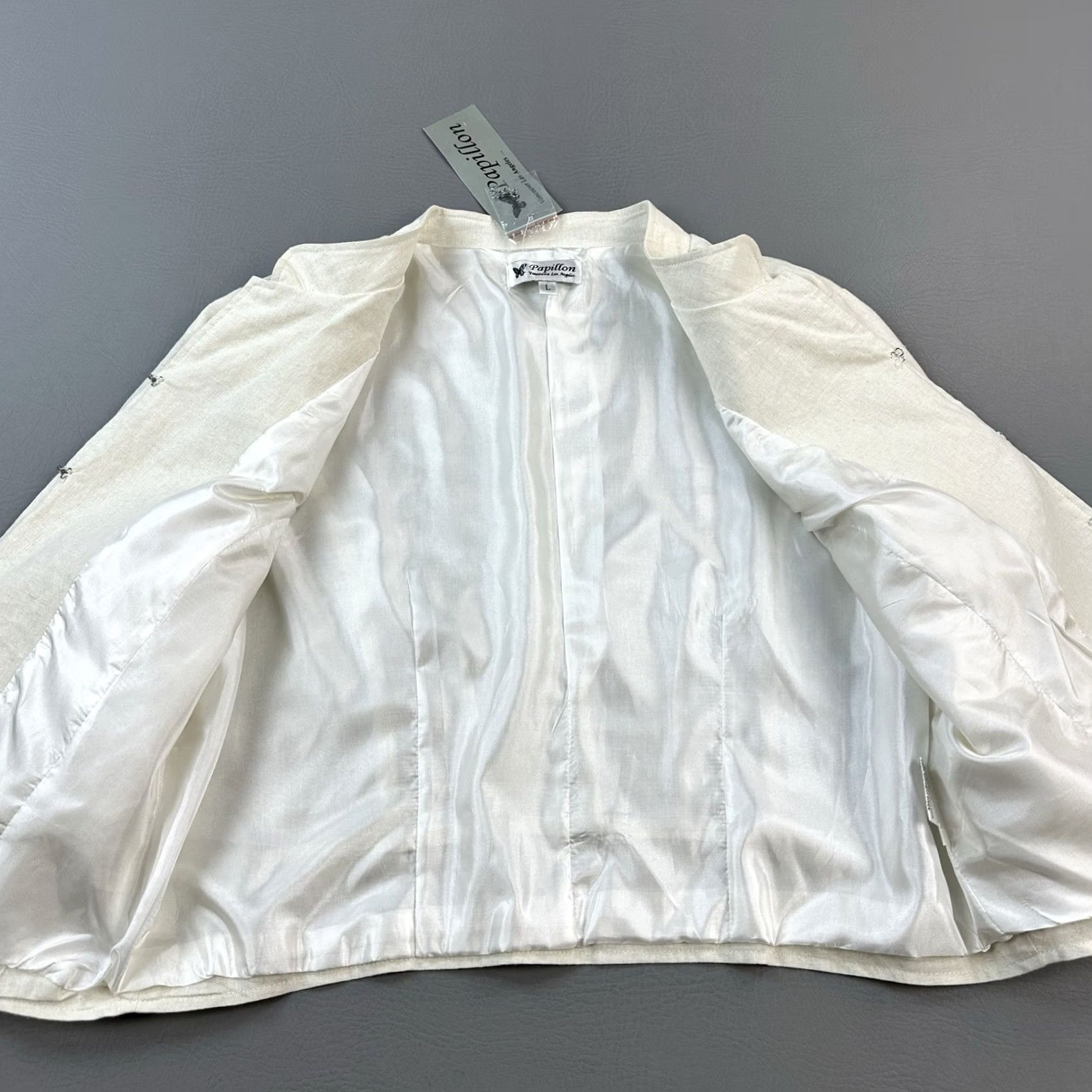 Vintage Papillon Blazer Jacket Womens Large Ivory Linen Embroidered Cropped Hook Closure Size L / US 10 / IT 46 - 6 Thumbnail