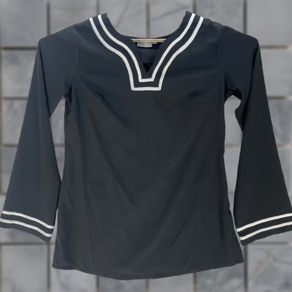 Vintage eShakti Blouse M Black White Bell Sleeve V-Neck Minimalist Boho Hippie Bohemian Prairie Shirt Womens Size M / US 6-8 / IT 42-44 - 1 Thumbnail