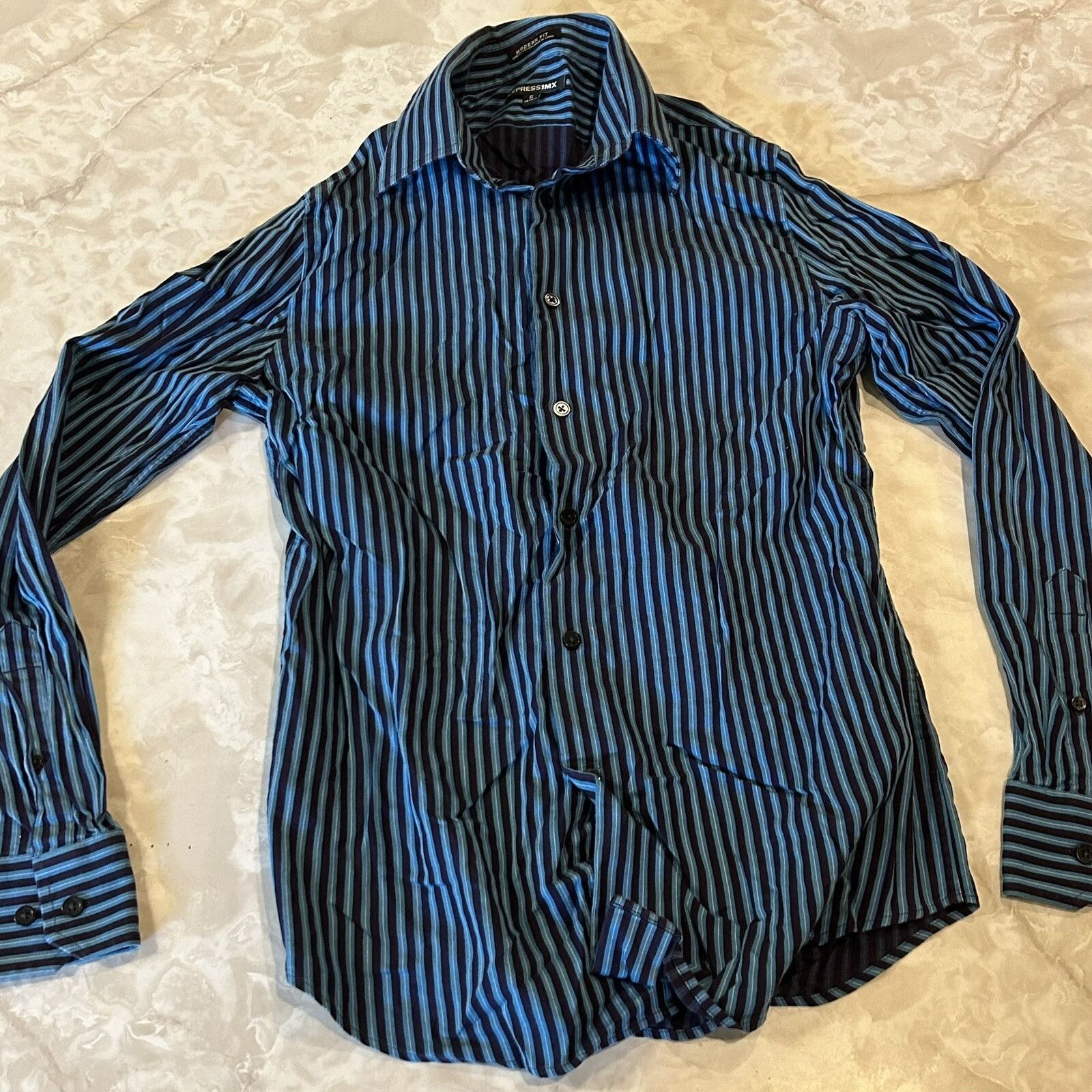 Express Express 1MX Men's Blue & Purple Striped Long Sleeve Button U Size US S / EU 44-46 / 1 - 1 Thumbnail