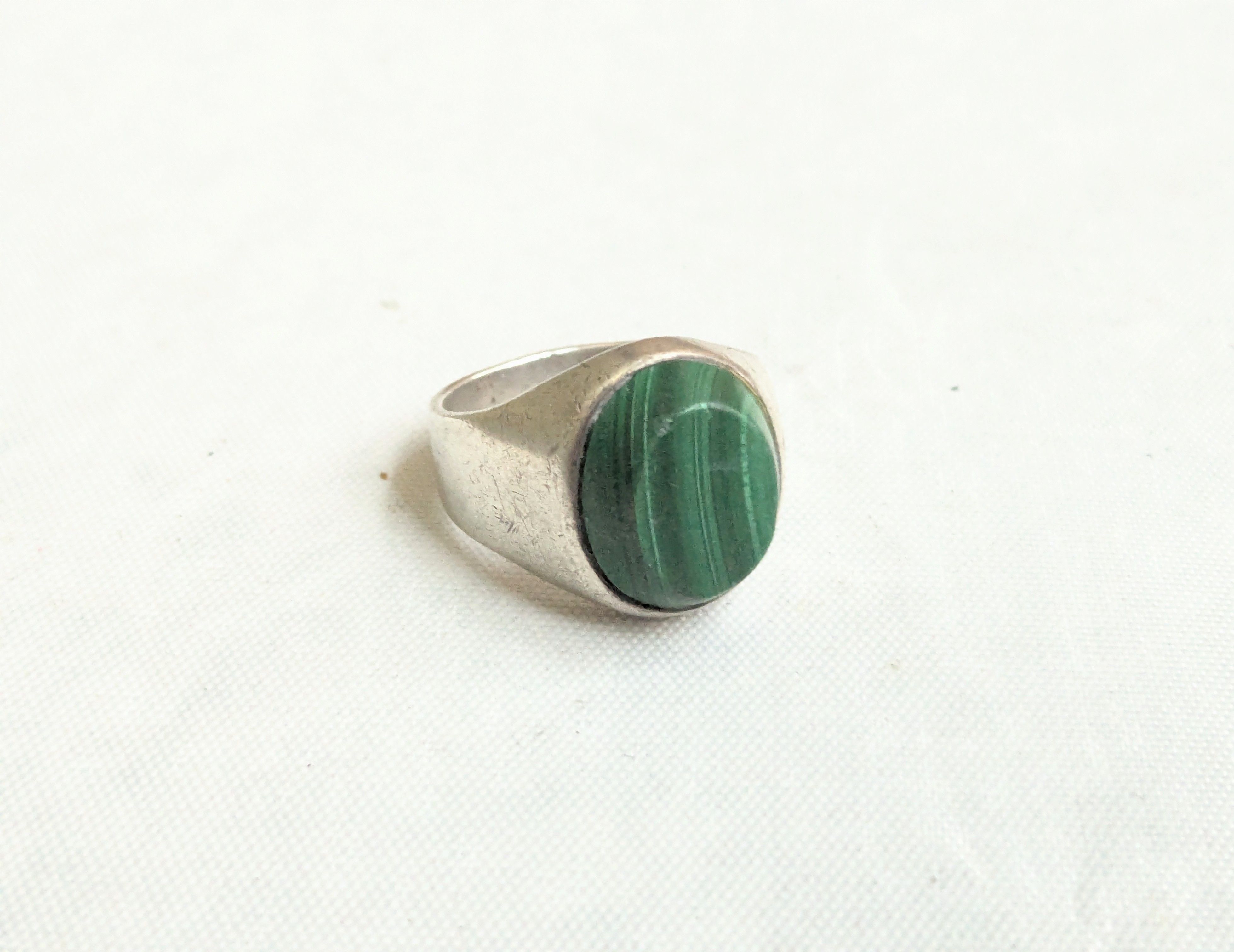 Vintage Sterling Silver Ring Malachite Taxco 10 Oval