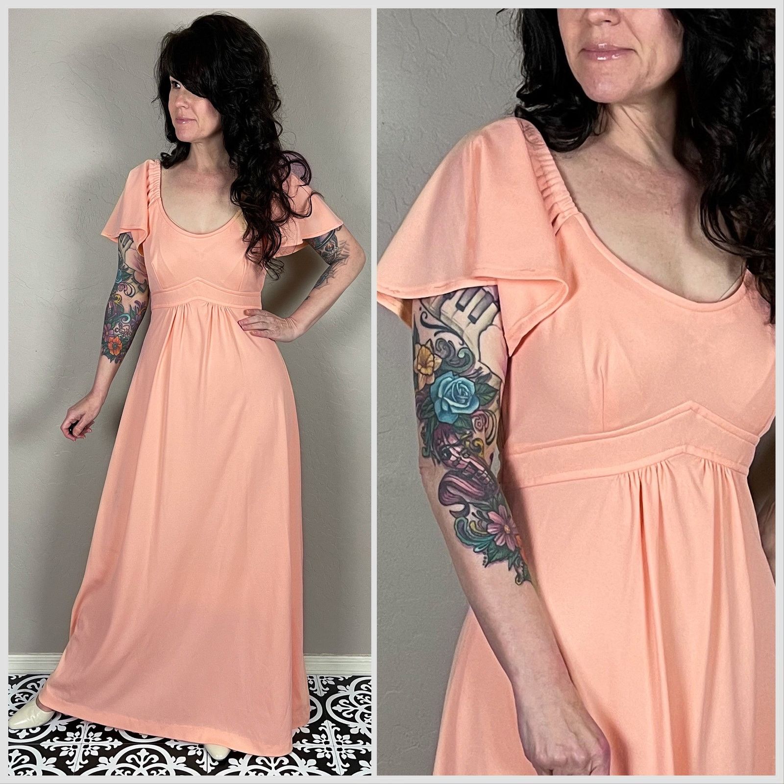 Vintage 1970s Peach Boho Flutter Sleeve Empire Waist Maxi Dress Size S / US 4 / IT 40 - 1 Thumbnail