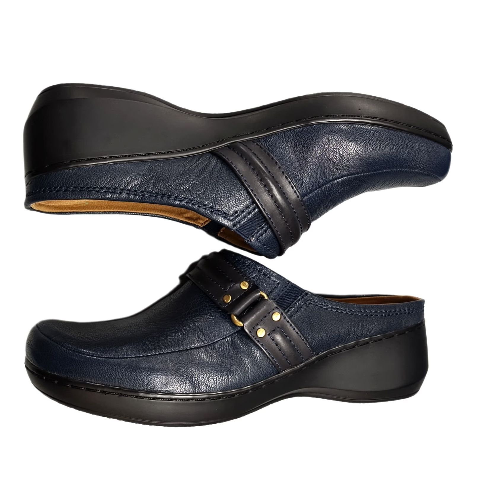 Vintage Easy Spirit Davet Wedge Clogs Womens Size 9M Blue Leather Slip On Comfort Shoes Size US 9 / IT 39 - 2 Thumbnail