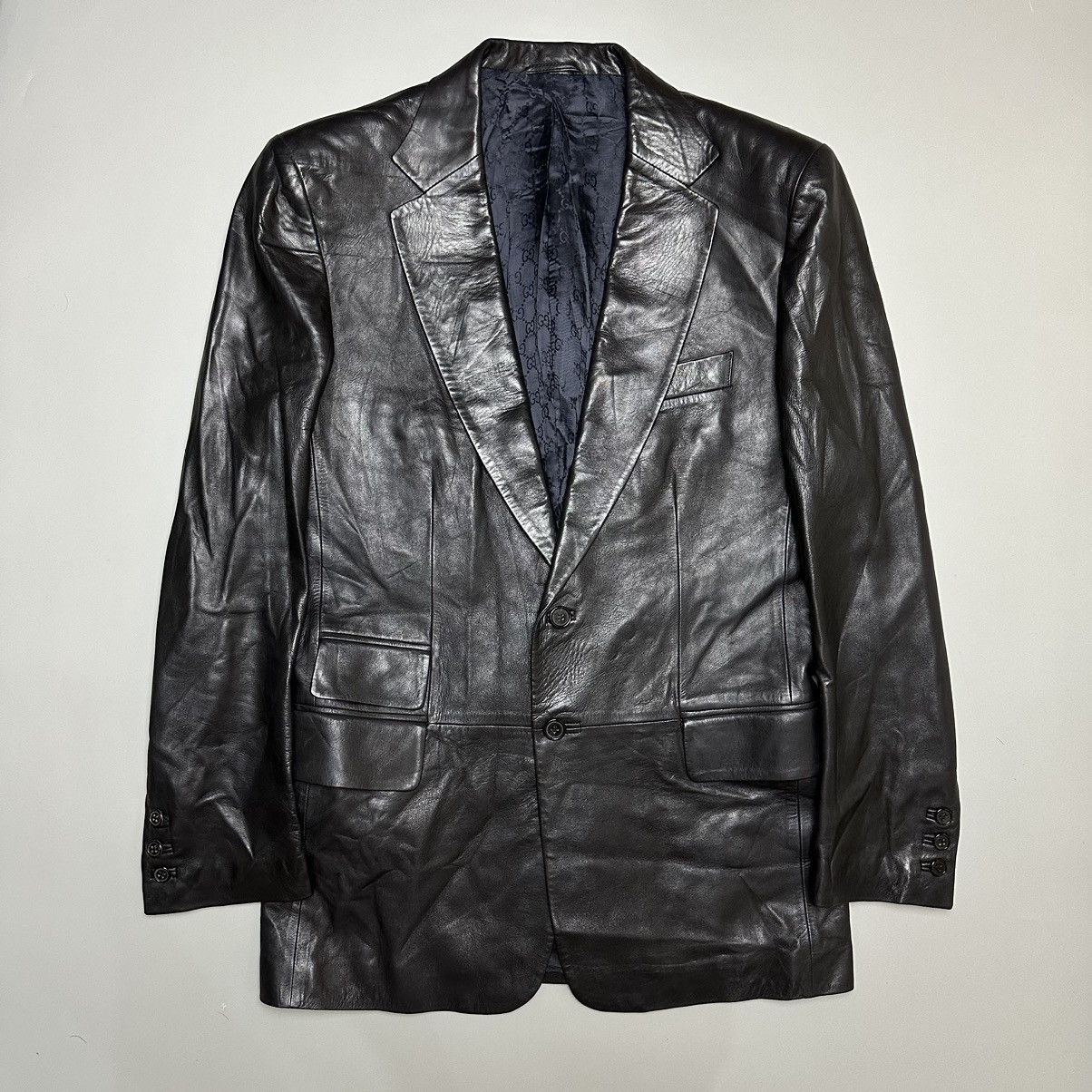 image of Gucci By Tomford Leather Blazer “ GG Motif On Inner” in Black, Men's (Size Small)