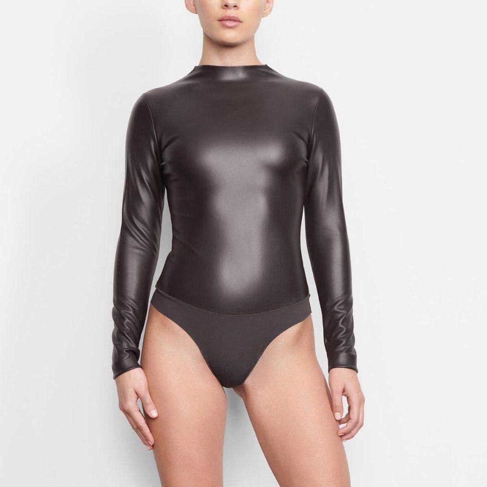 Designer CT1166b SKIMS NWT FAUX LEATHER MOCK NECK BODYSUIT SOOT 4X, S Size S / US 4 / IT 40 - 2 Thumbnail