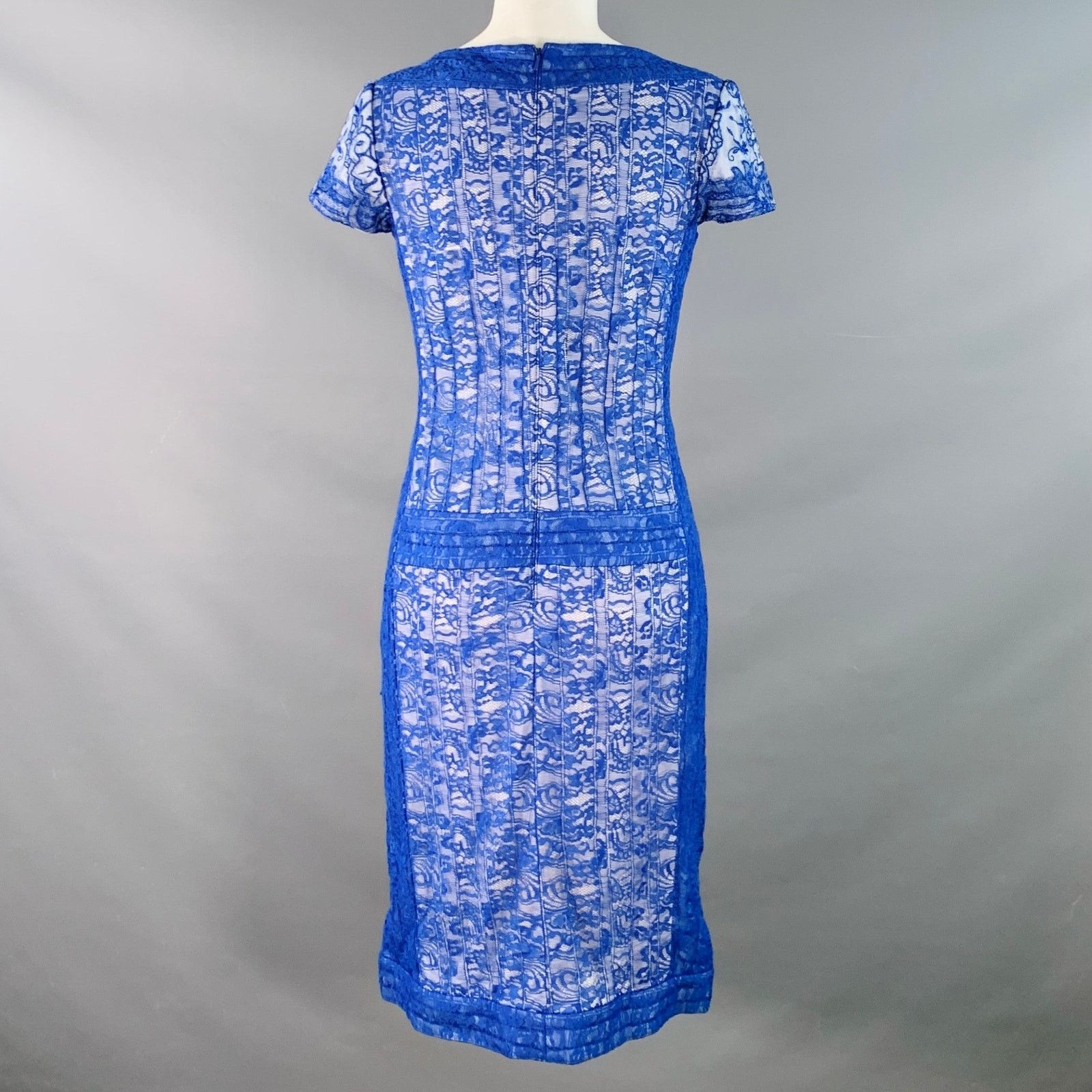 Tadashi Shoji Blue White Rayon Blend Lace Short Sleeve Cocktail Dress Size M / US 6-8 / IT 42-44 - 4 Thumbnail