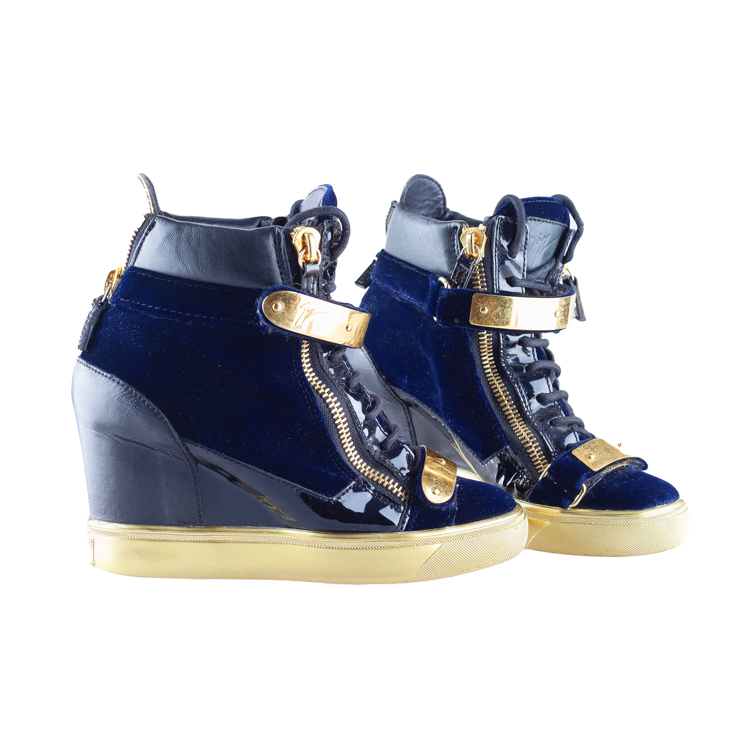 Giuseppe Zanotti Giuseppe Zanotti Navy Golden Velour Wedge Sneakers Size US 6.5 / IT 36.5 - 6 Thumbnail