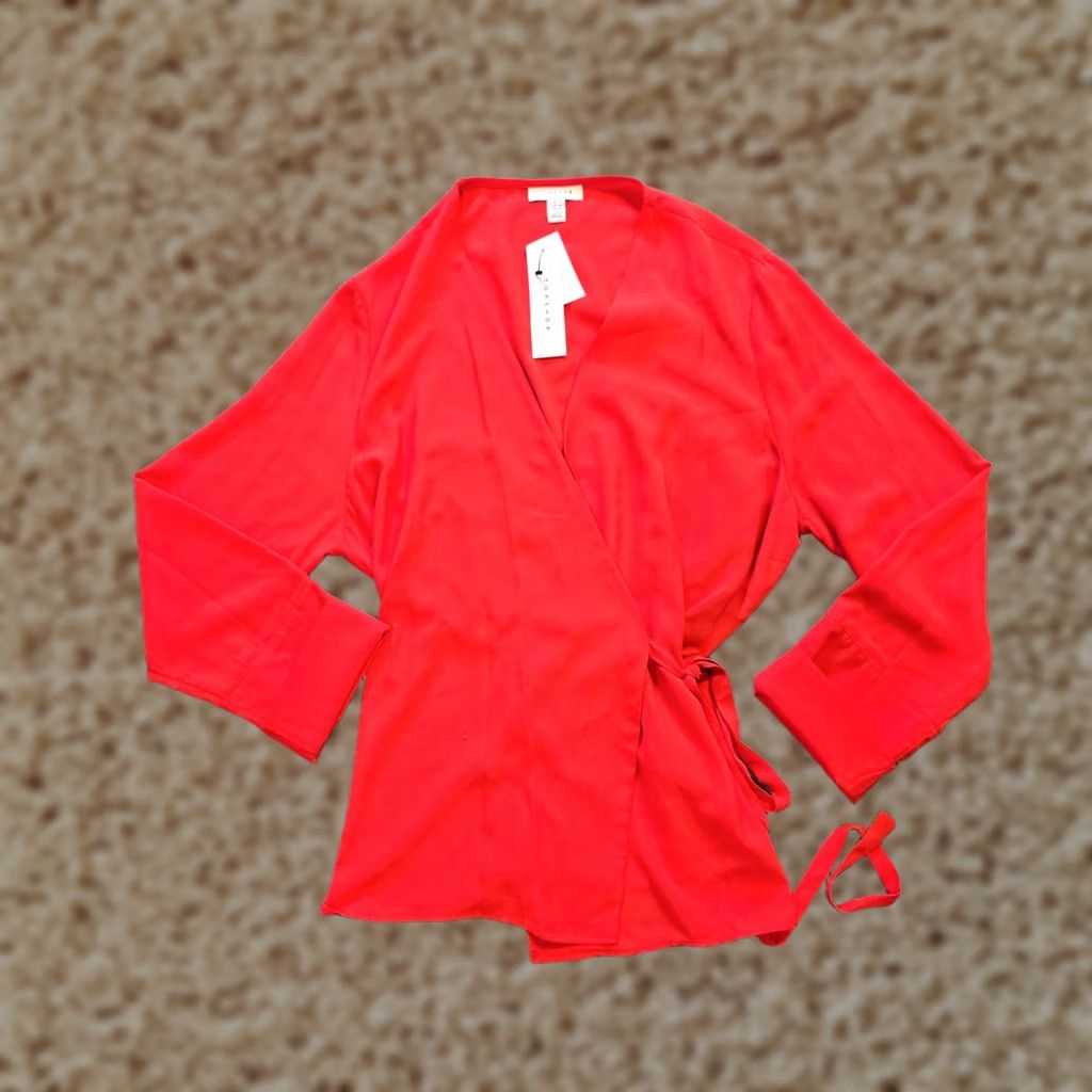 Topshop TopShop Top Womens Size 12 Red Wrap Front V Neck Long Sleeve Blouse Casual Career Shirt Woman Regular Fit Size XL / US 12-14 / IT 48-50 - 1 Thumbnail