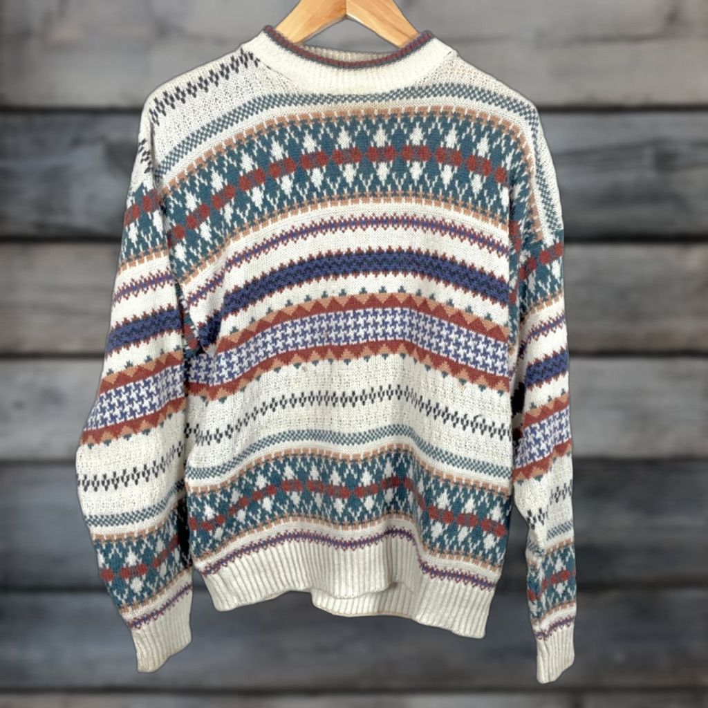 Vintage VINTAGE Old Glory Sweater Men's XL Ivory Fair Isle Crewneck Chunky-Knit Cotton Knit VTG 90s Size US XL / EU 56 / 4 - 1 Thumbnail