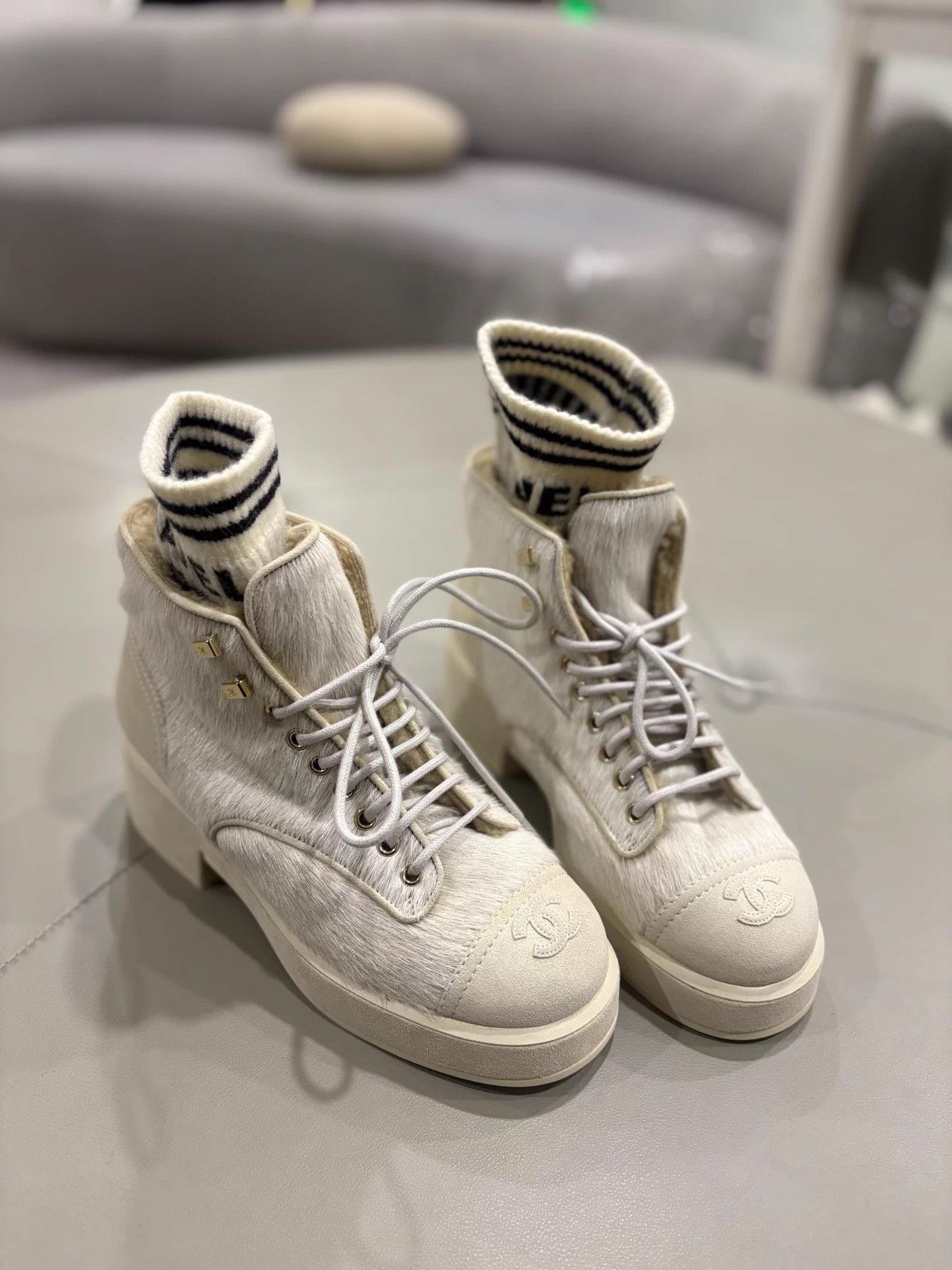 Chanel Chanel White Haircalf Martin Boots w/ Big Logo Knit Socks 38 Size US 7 / IT 37 - 1 Thumbnail
