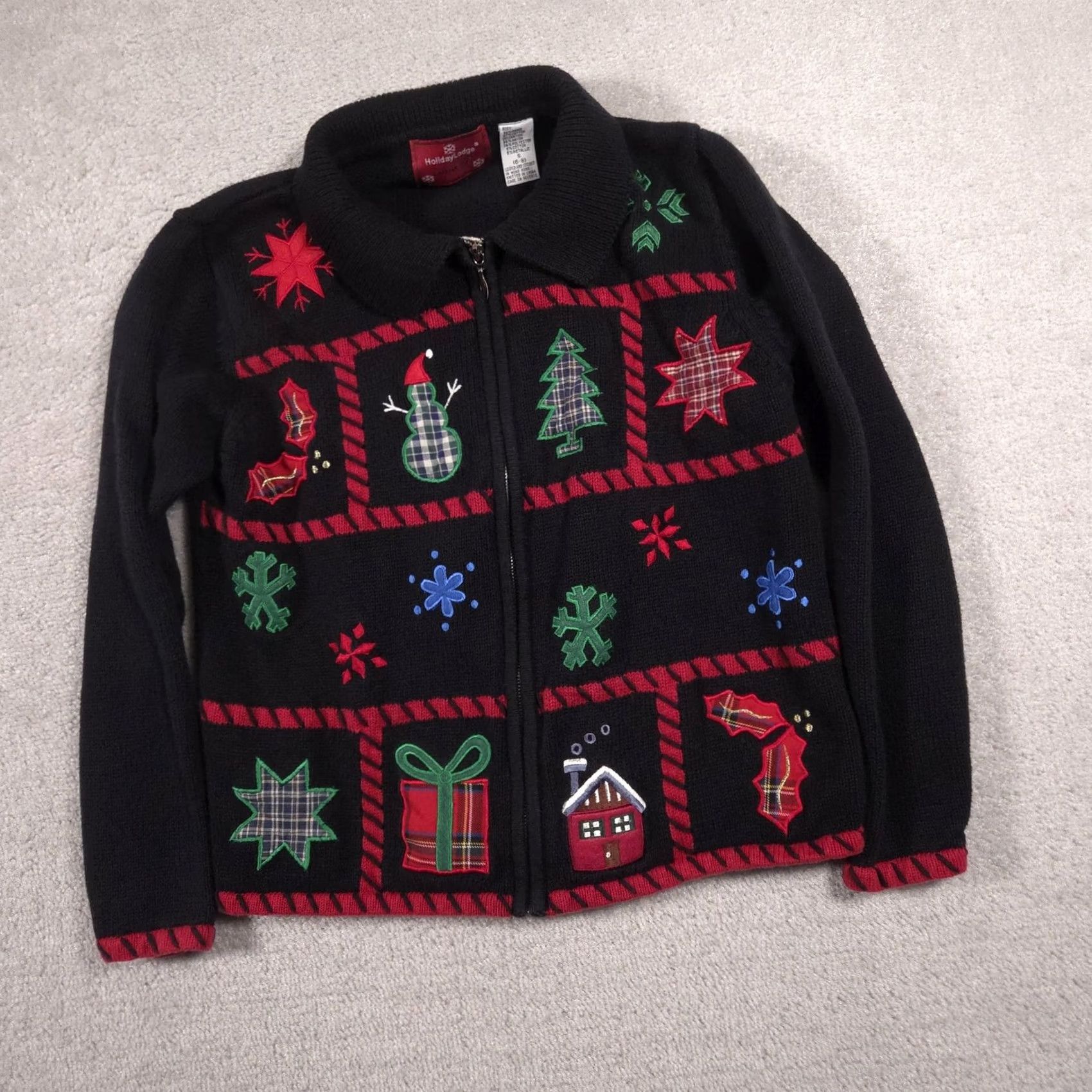 Vintage HolidayLodge by Northcrest Sweater Womens S Black Full Zip Christmas Patchwork Size S / US 4 / IT 40 - 3 Thumbnail