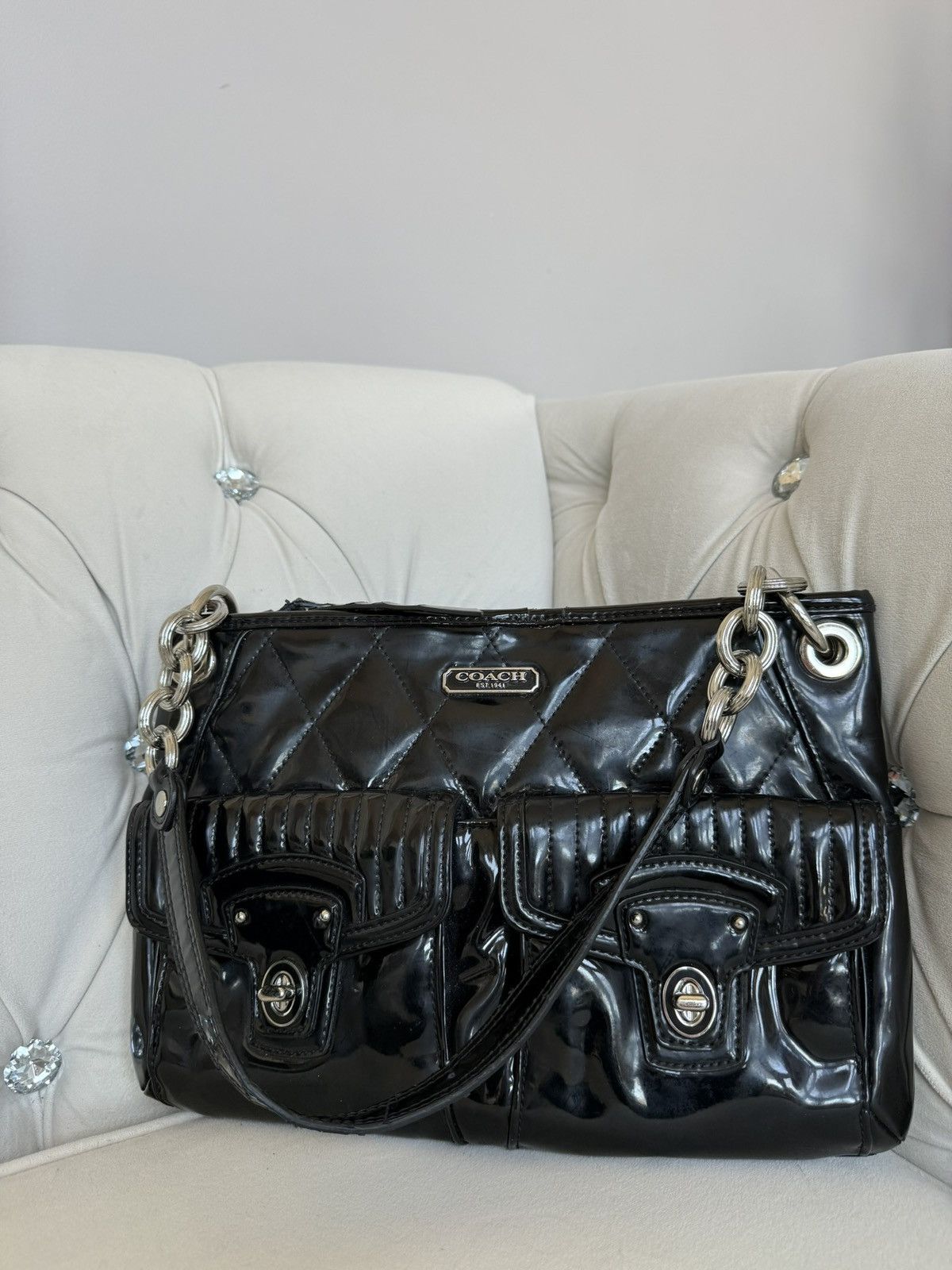 Coach Coach Black Patent Quilted Shoulder Bag Size ONE SIZE - 1 Thumbnail