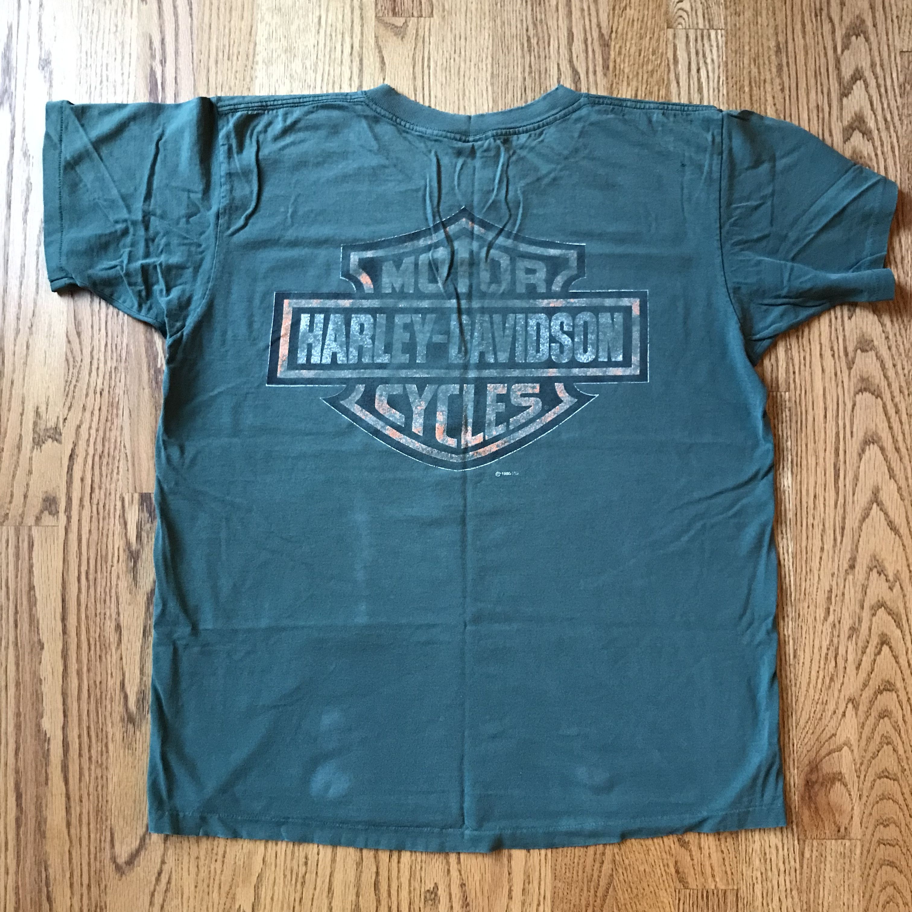 Harley Davidson Vintage 90s Harley Davidson Green Graphic Tee L Logo Faded Size US L / EU 52-54 / 3 - 3 Thumbnail