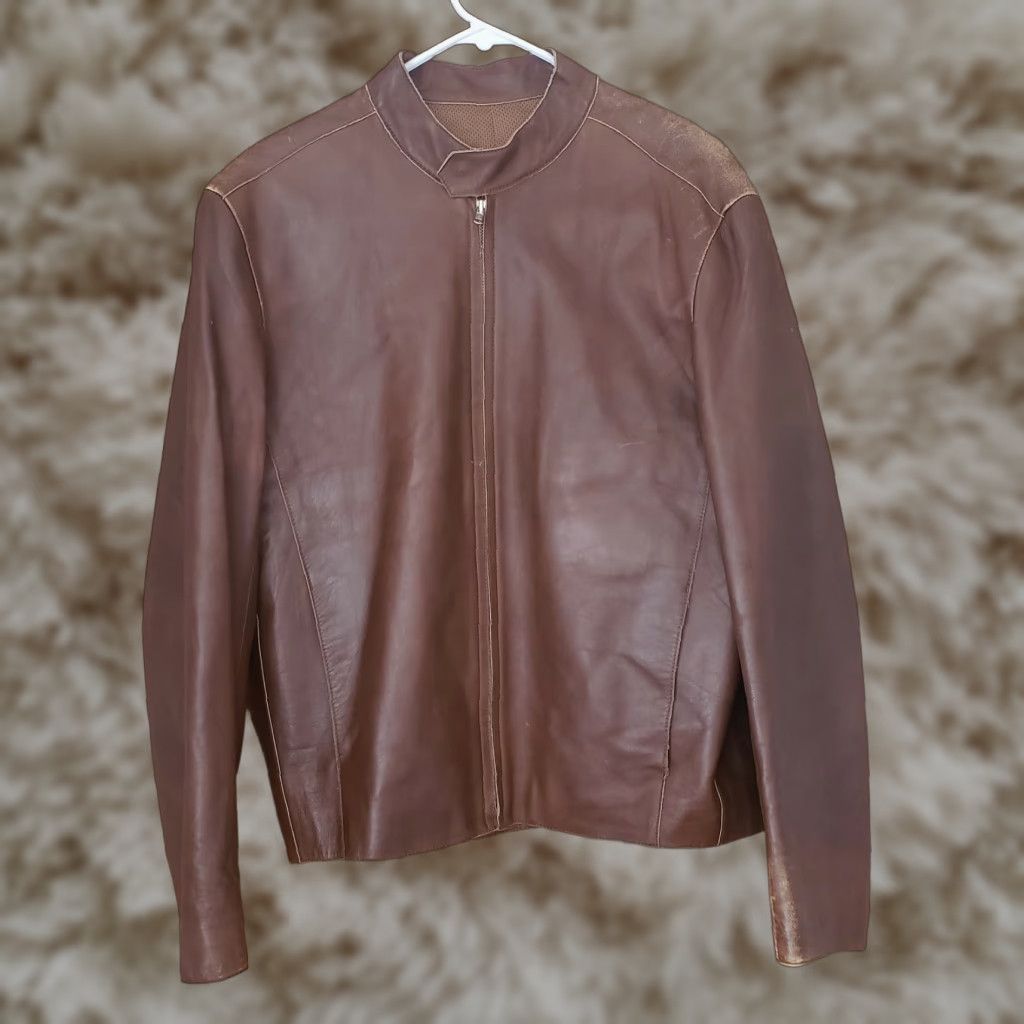 VINTAGE ROSLEEN MOTO JACKET Men's Jacket Small Brown Leather Banded Collar Vintage 90s Style