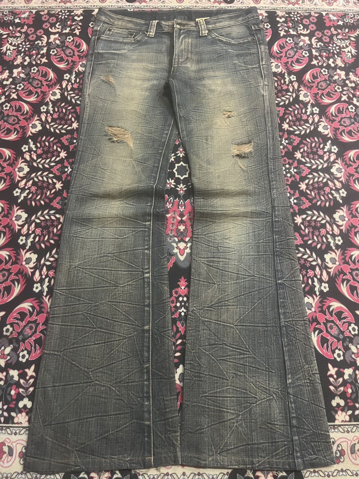 Japanese Brand Mud Washed Distressed Glass Crack Flare Jeans