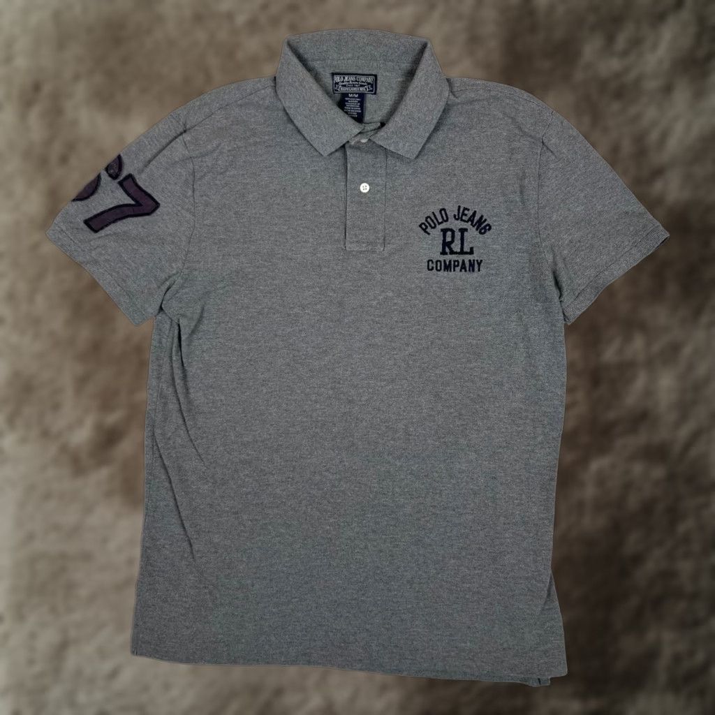 Vintage Polo Jeans Company Polo Shirt Mens Medium Gray RL Logo 67 Sleeve Patch Short Sleeve Knit Cotton Casual Summer 100% Cotton Mens Size US M / EU 48-50 / 2 - 1 Thumbnail