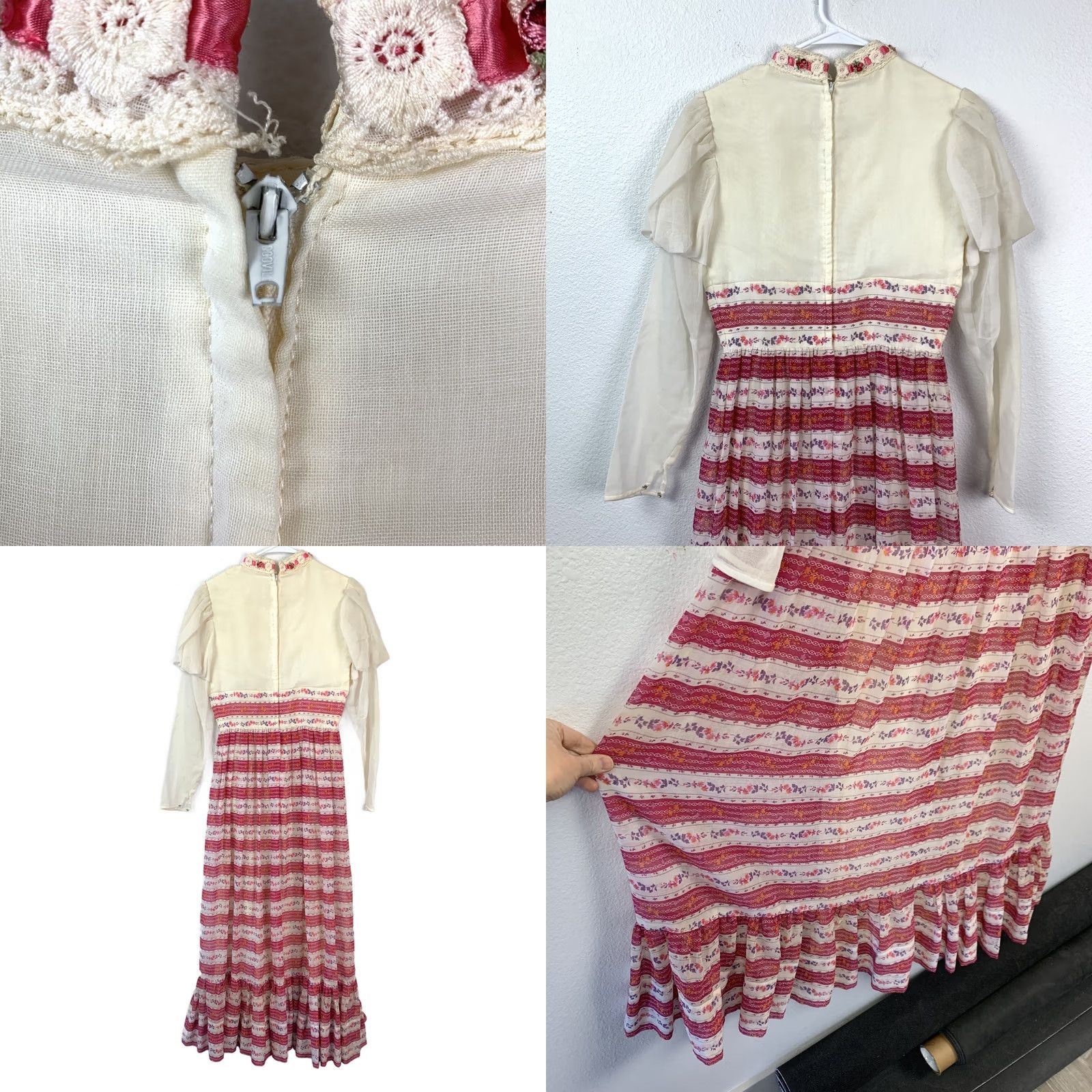 Vintage VINTAGE 60s 70s Prairie Cottagecore Maxi Dress Cream Pink Floral Ribbon Lace S M Boho Folk Romantic Size XS / US 0-2 / IT 36-38 - 9 Thumbnail