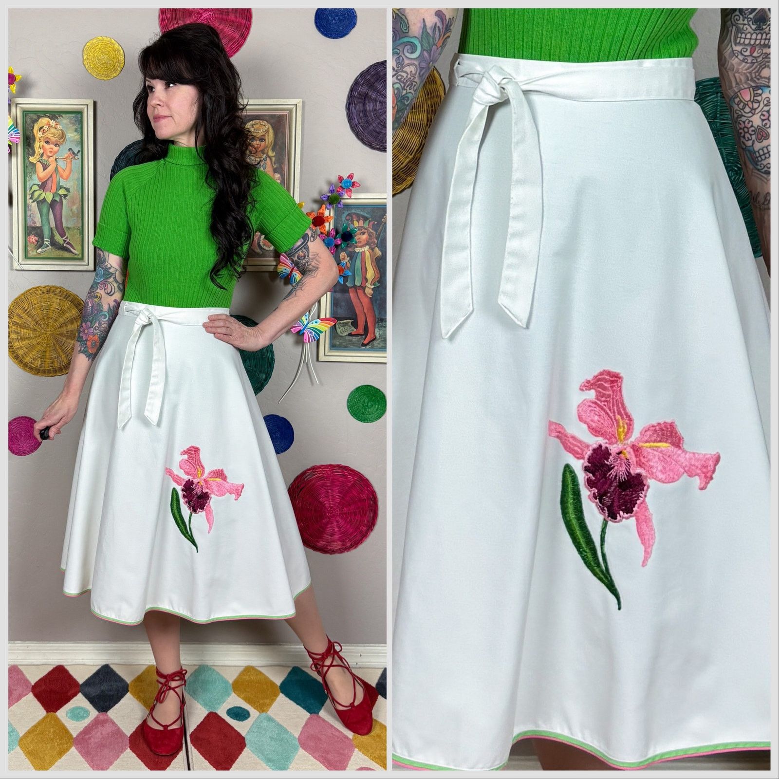 Vintage Vintage 1970s White Embroidered Iris Midi Wrap Skirt Size 28" / US 6 / IT 42 - 1 Thumbnail