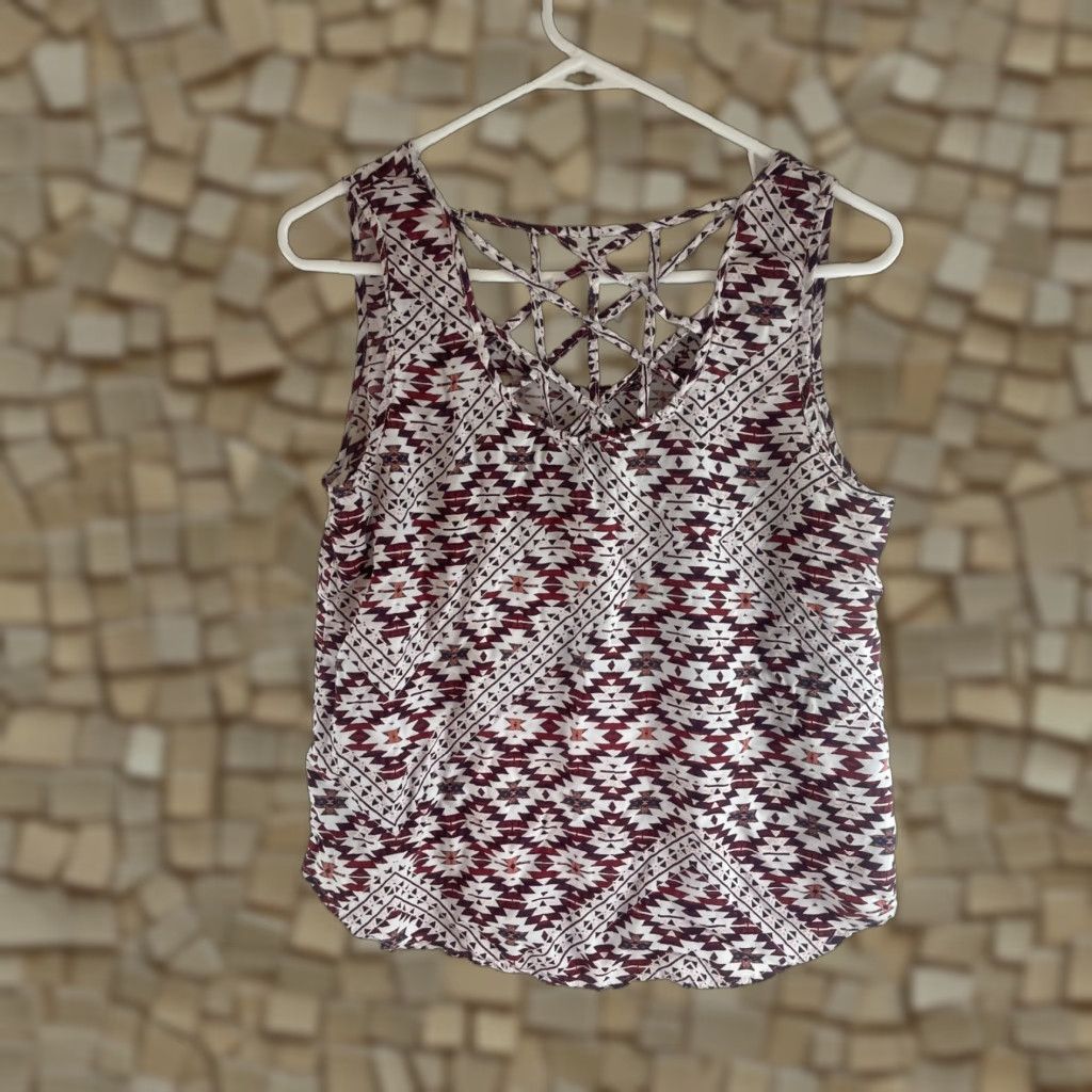 Vintage Como Tank Top Women's L Red White Aztec Sleeveless Crisscross Lace Back Shirt Womens Size L / US 10 / IT 46 - 1 Thumbnail