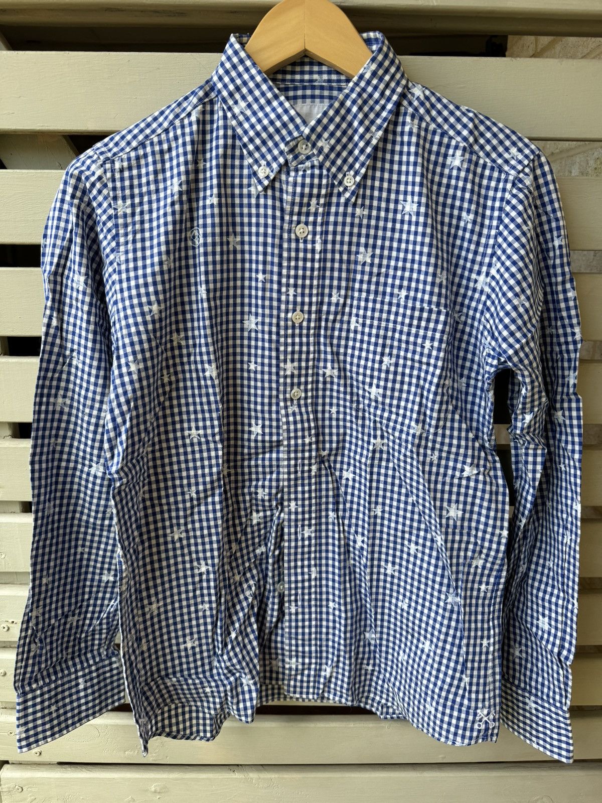 image of Uniform Experiment Star Pattern Check Shirt in Blue, Men's (Size Small)