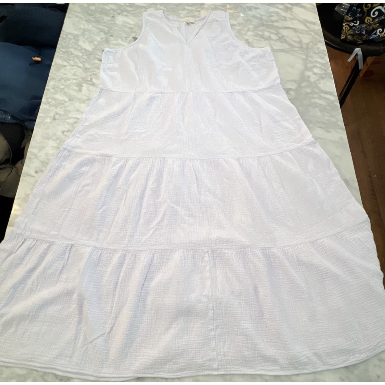 Vintage Side Stitch Dress 2X White Sleeveless Plush Crinkle Gauze Tiered A-Line Women Long Spring Summer Size XXL / US 16-18 / IT 52-54 - 2 Thumbnail