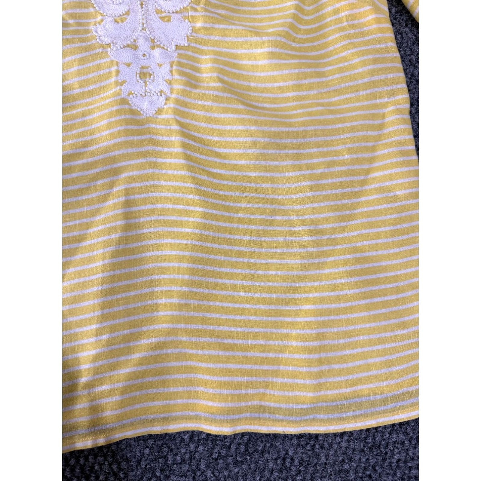 Talbots Talbots Blouse Womens Petite P Yellow White Striped Linen Embroidered Long Sleeve V-Neck Casual Workwear Size XXS / US 00 / IT 34 - 3 Thumbnail