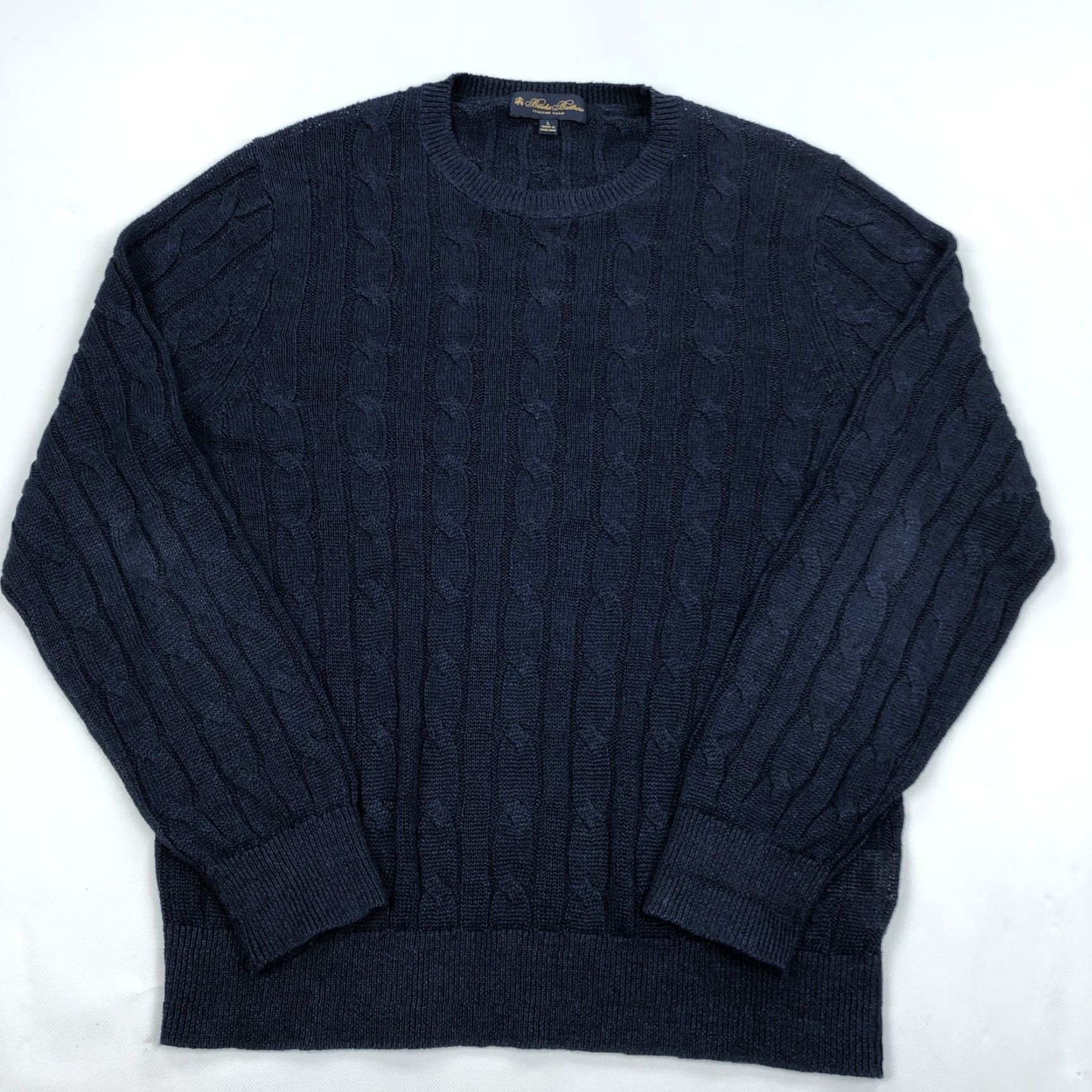Brooks Brothers Brooks Brothers Men's L Navy Blue Cable Knit Crew Neck Pullover Sweater Italian Yarn Ribbed Trim Size US L / EU 52-54 / 3 - 3 Thumbnail